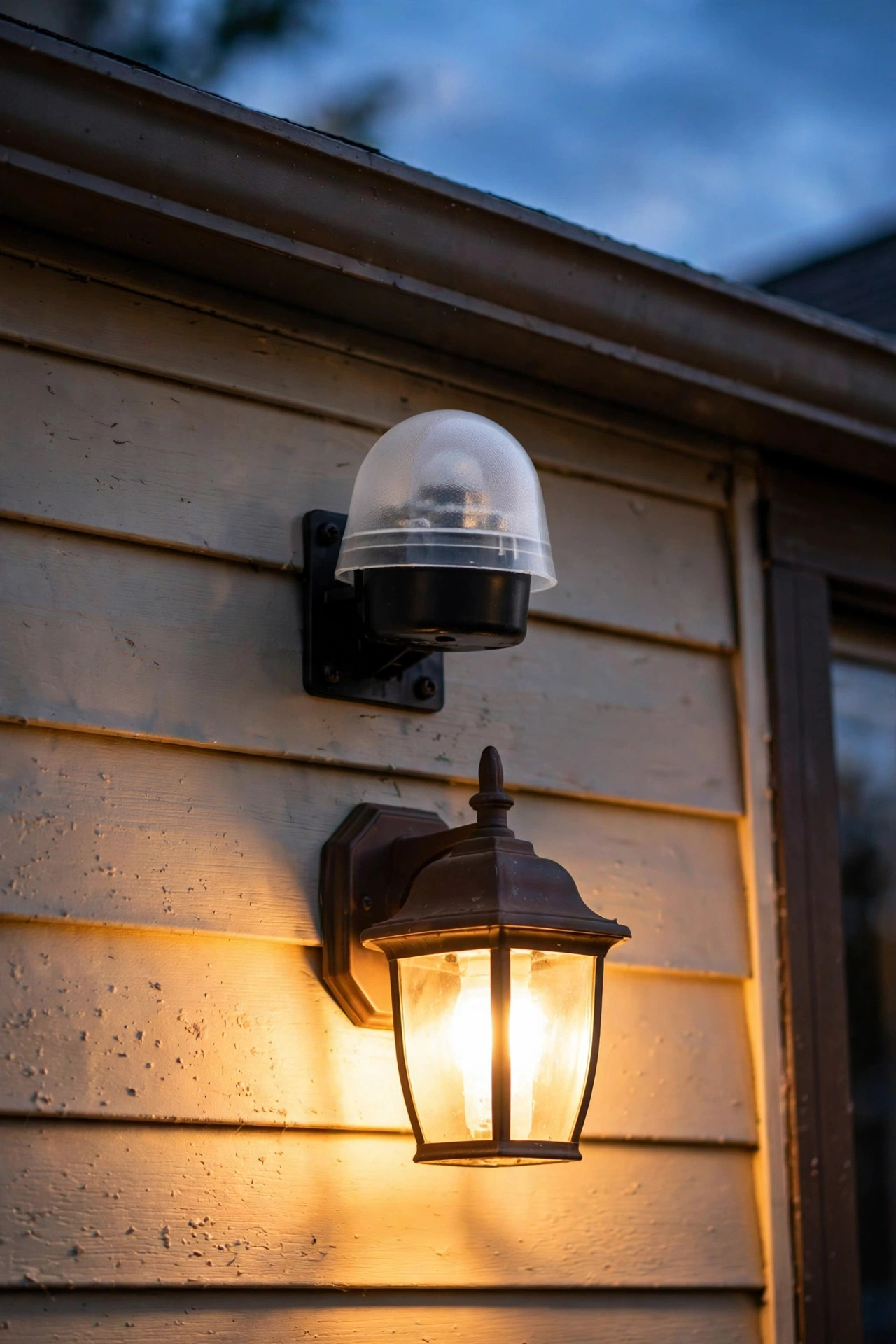 Photocell dusk-to-dawn sensor mounted on an exterior wall above a glowing porch light