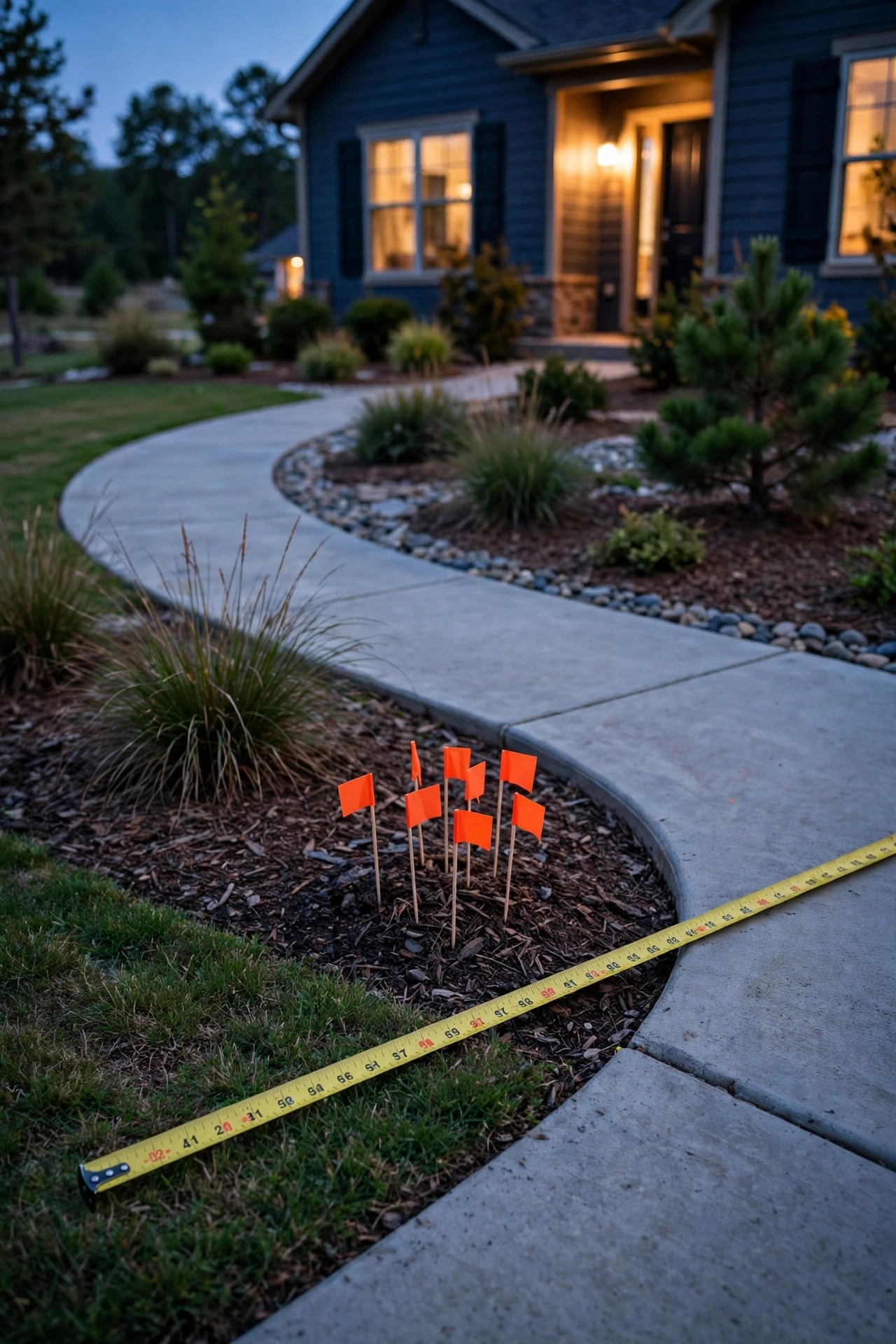 Front yard at dusk with a measuring tape and small marker flags showing the planned lamp post location two feet back from a curved walkway