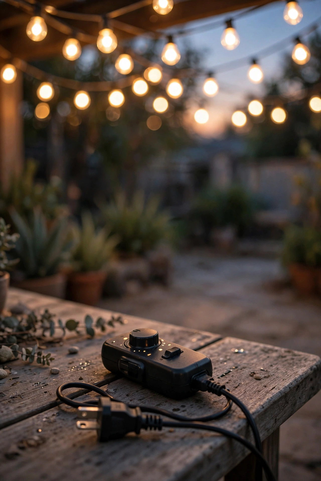 Plug-in dimmer remote resting on a patio table with softly dimmed string lights glowing overhead at dusk