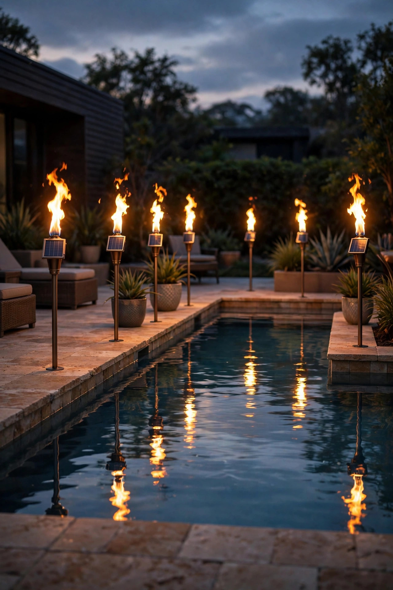 Solar flame torches flickering around a pool deck at dusk with flames reflected in the water