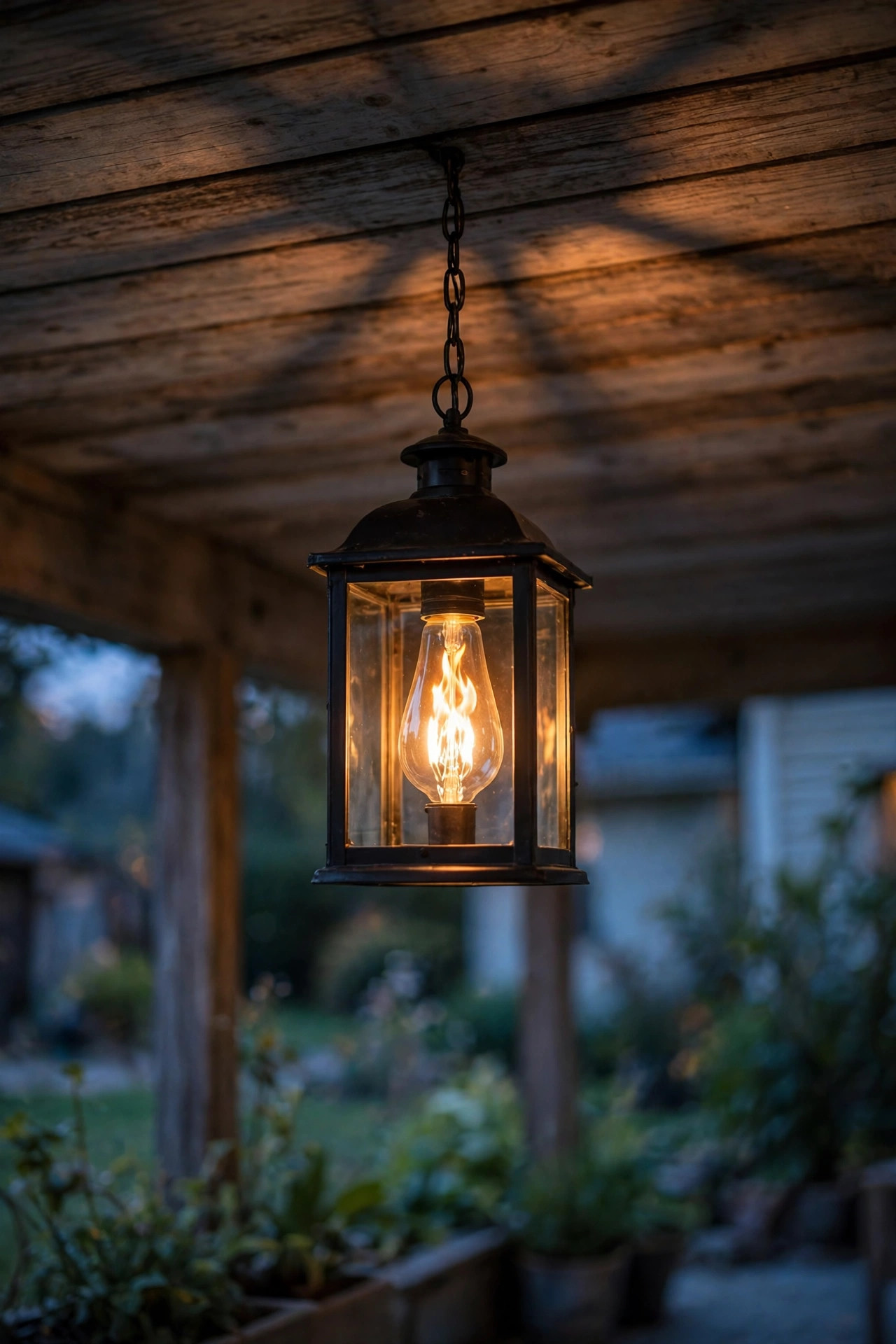 Hanging porch ceiling lantern with a flickering flame effect bulb casting warm shadows at dusk