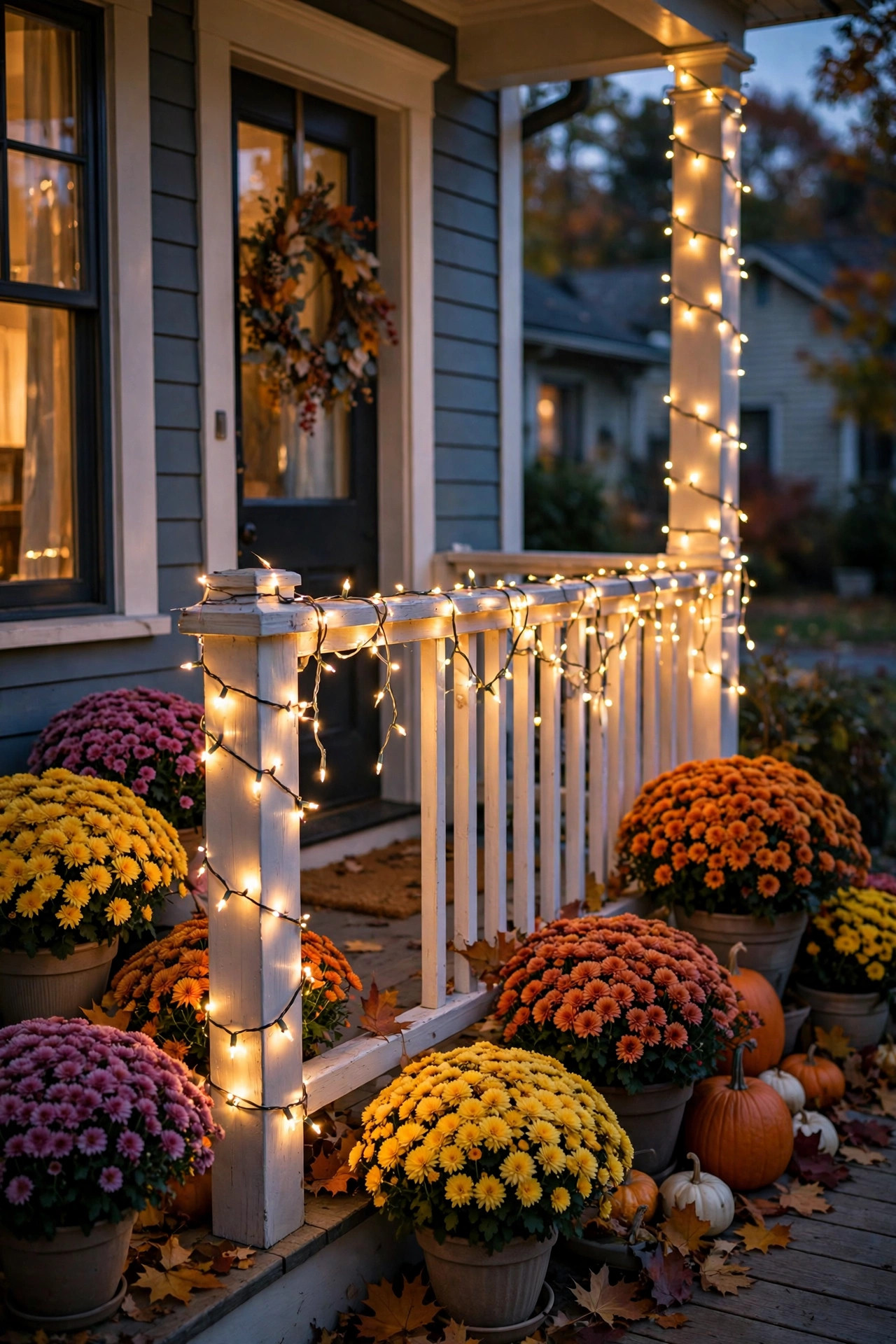Warm fairy solar string lights wrapped around a front porch railing with fall mums at dusk