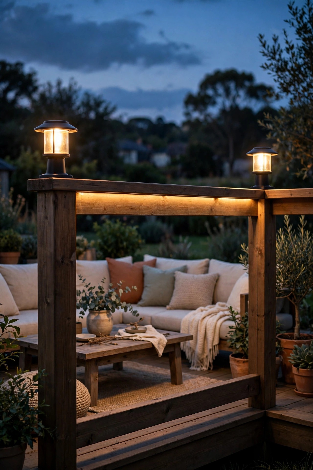 Deck railing at dusk with warm glowing post cap lights only on the corner posts, hidden strip light glowing softly beneath the top rail, comfortable seating area with no glare