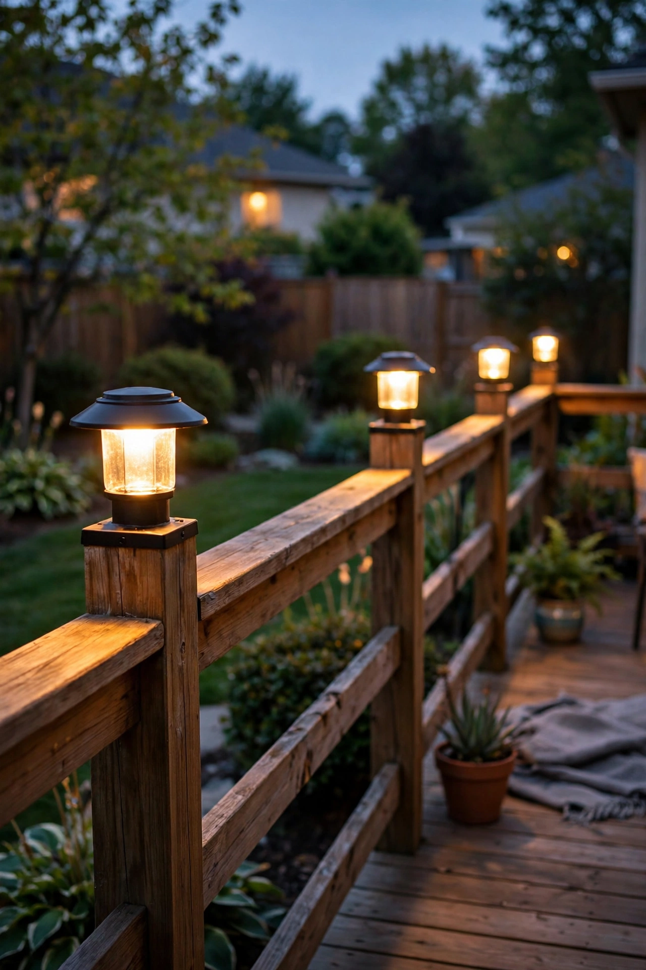 Lit post cap lights glowing on wooden deck posts at dusk