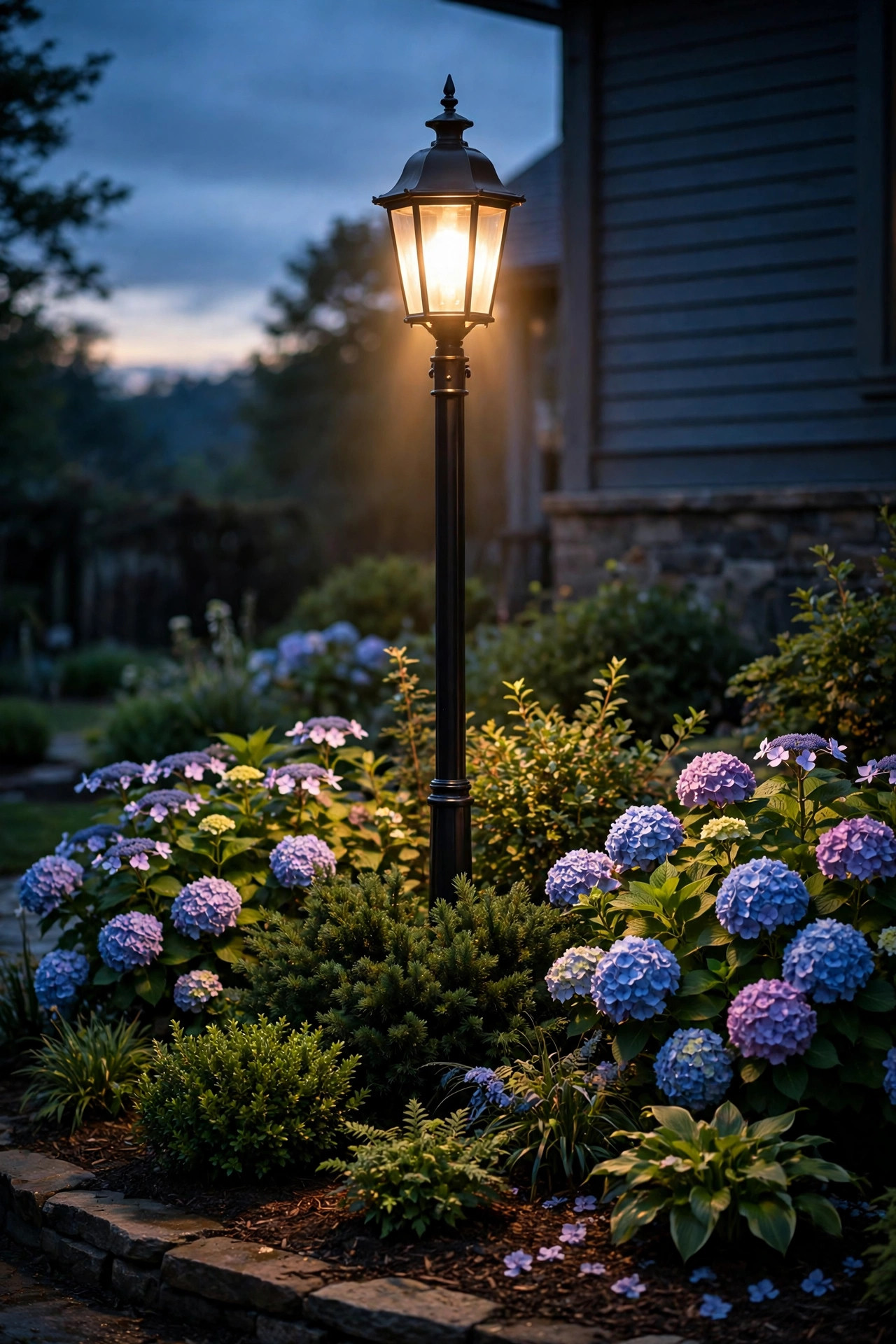 A tall post light rising above foundation shrubs and hydrangeas washing warm light down over a planting bed at dusk