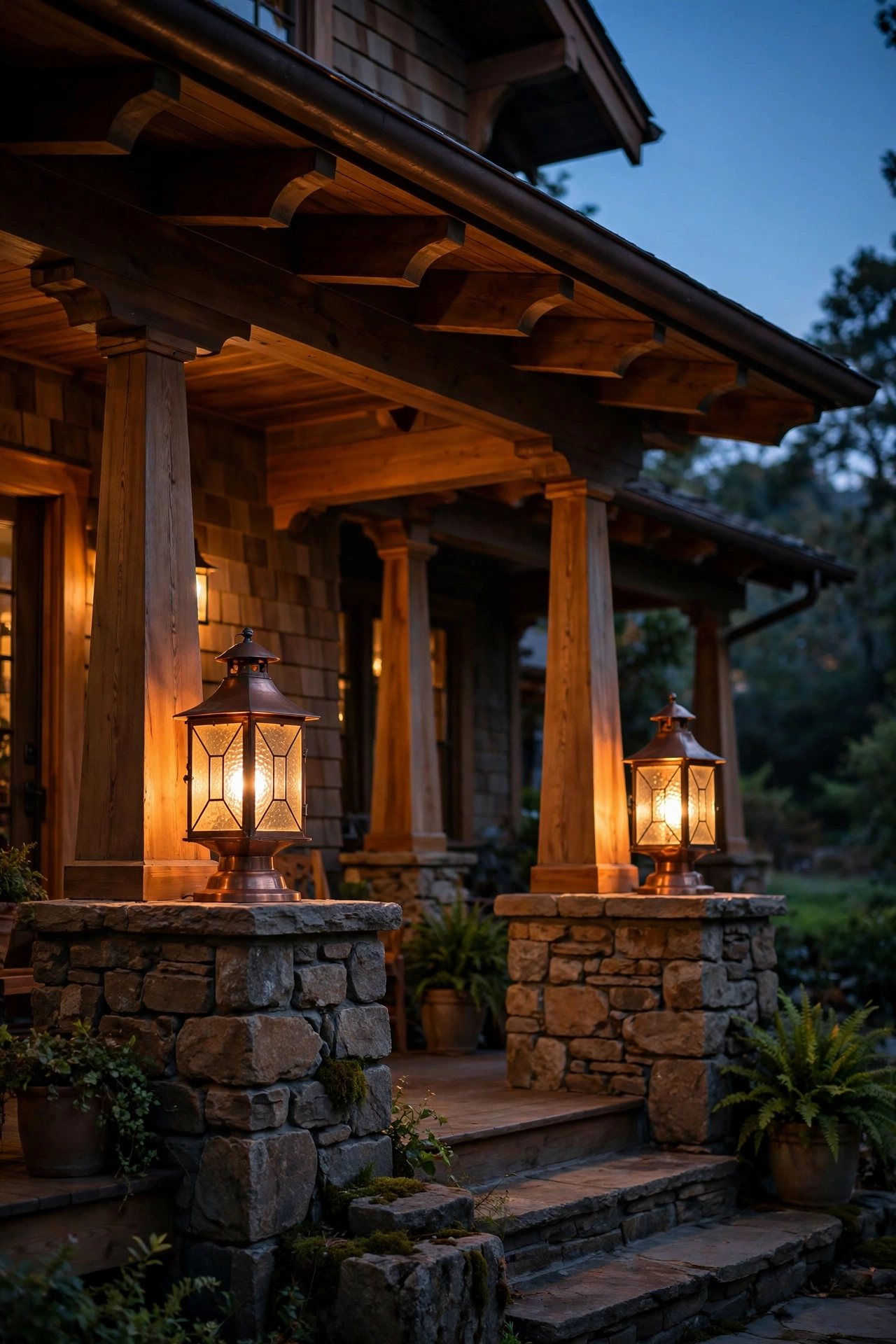 Copper post-top lanterns glowing on stone piers of a craftsman bungalow porch at dusk