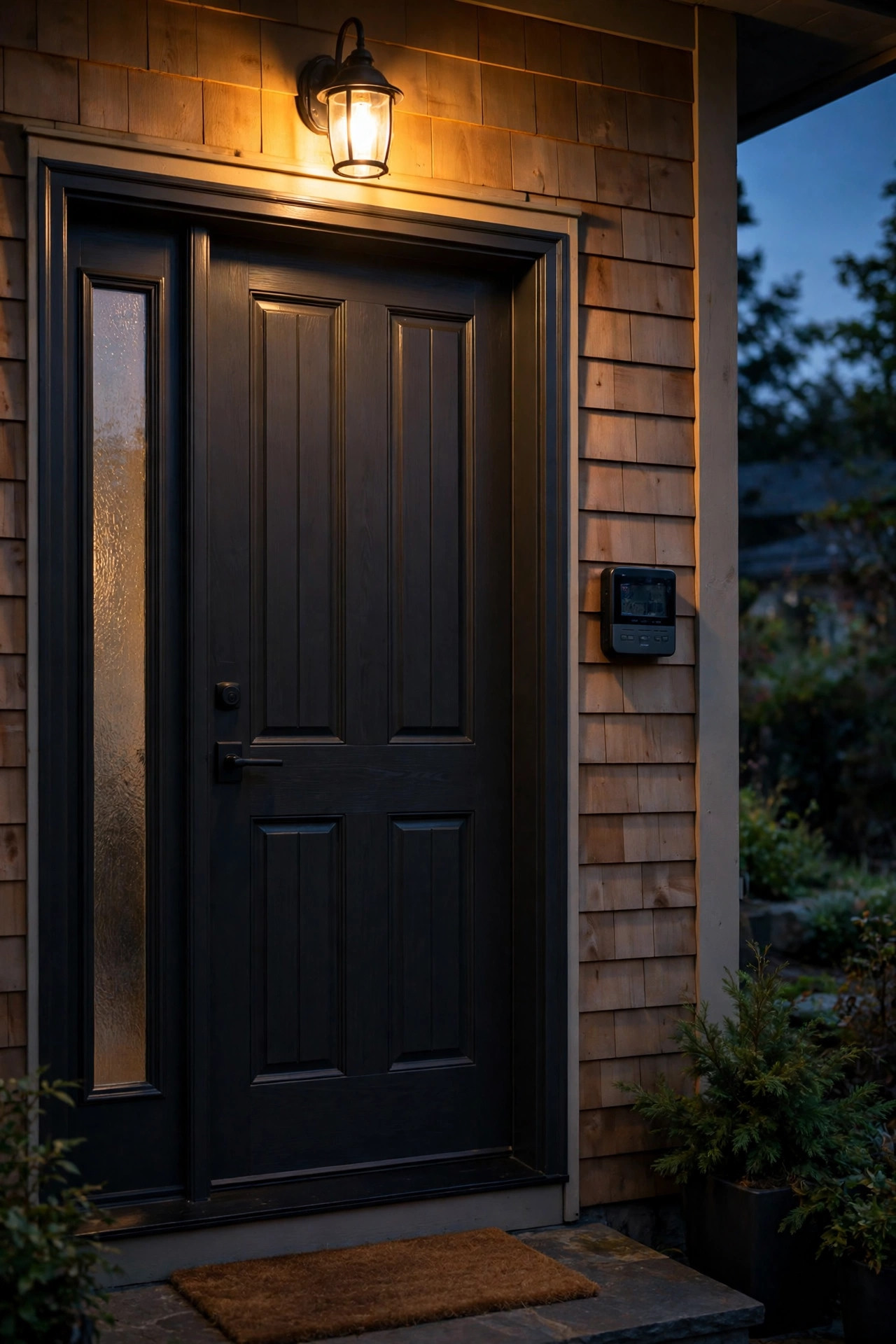 Wall-mounted digital timer beside a front door being programmed at dusk, porch light glowing warm above