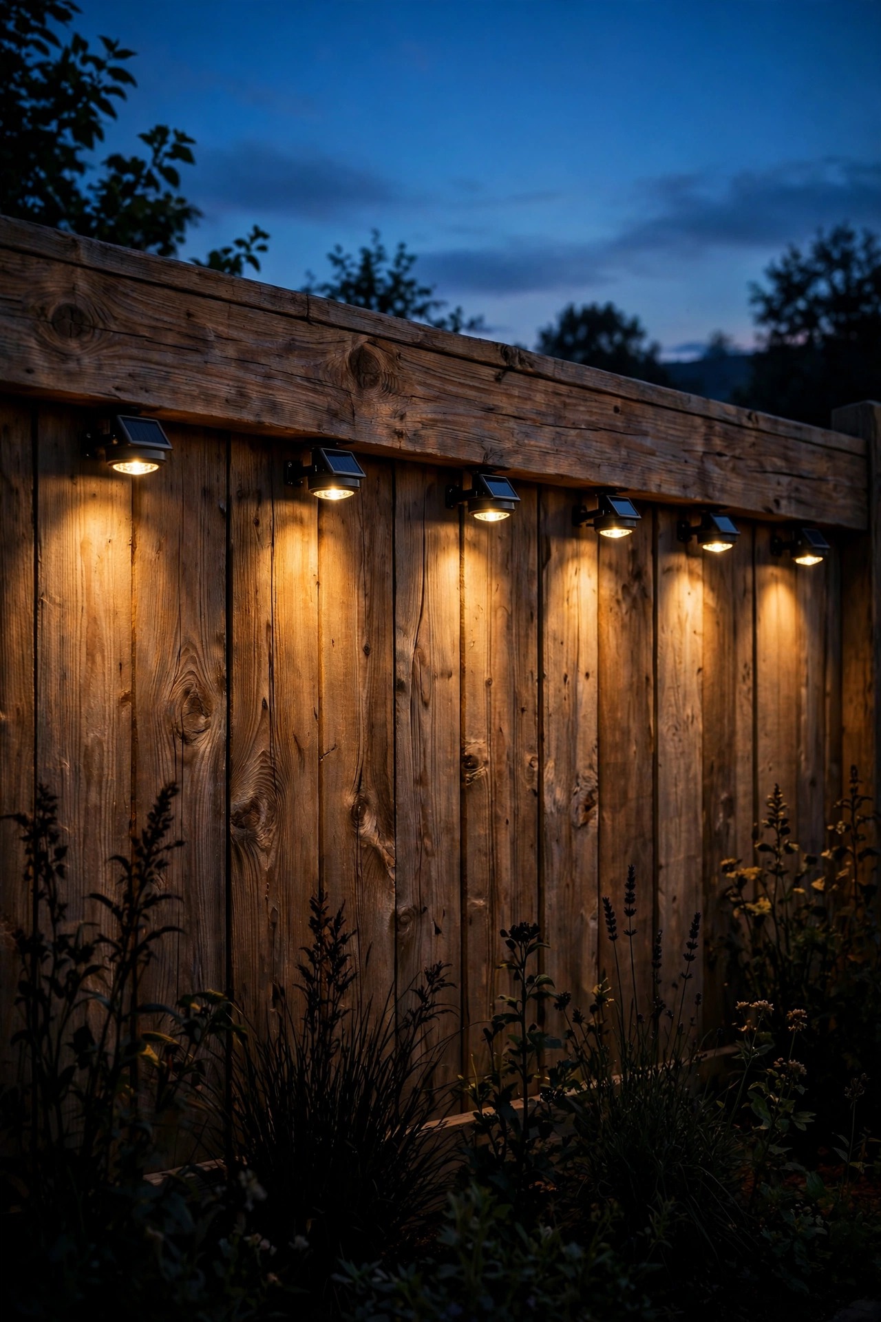 Photorealistic evening view of small rail-mount solar downlights under the top rail of a wooden fence, each washing its panel in a soft curtain of warm light that shows the wood grain, garden plants silhouetted below