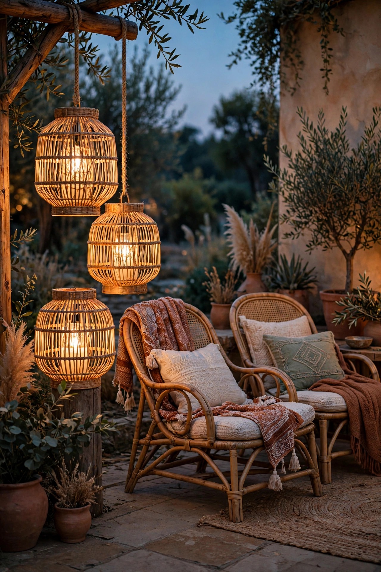 Cluster of three rattan lanterns in different heights glowing beside boho lounge chairs at dusk