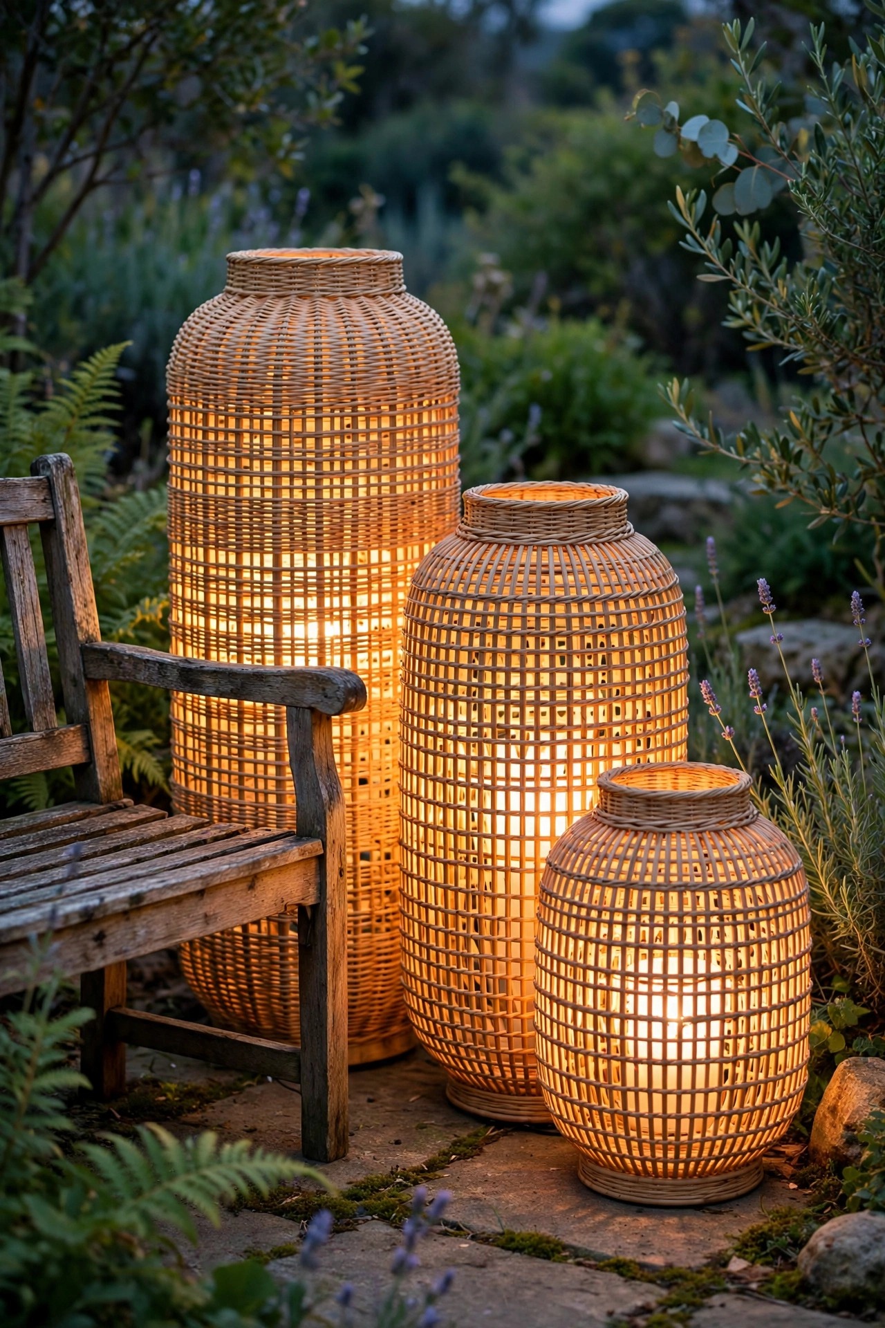 Cluster of three rattan and wicker lanterns in different heights glowing beside a garden bench