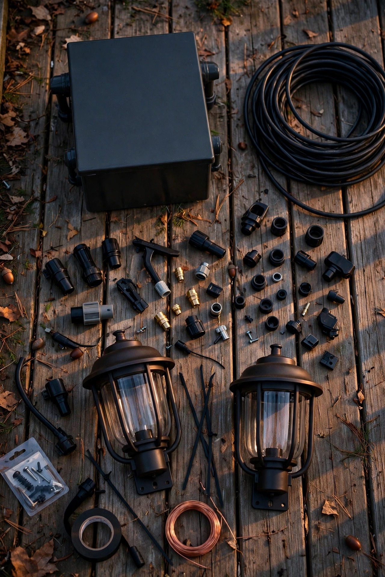 Flat-lay style dusk photo of outdoor lighting supplies on a porch, a transformer, coiled cable, connectors and two lanterns ready for installation
