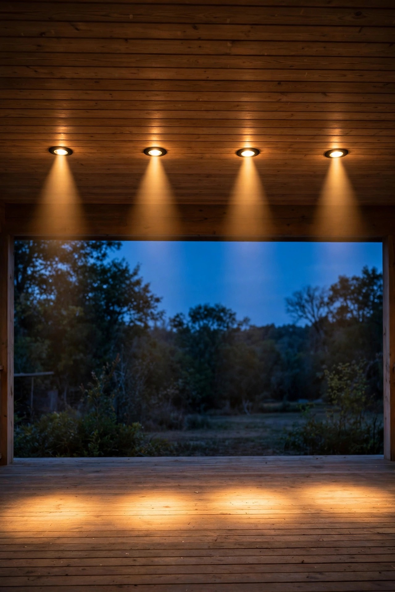 Covered porch ceiling with recessed downlights casting neat warm cones of light onto a wooden porch floor at dusk