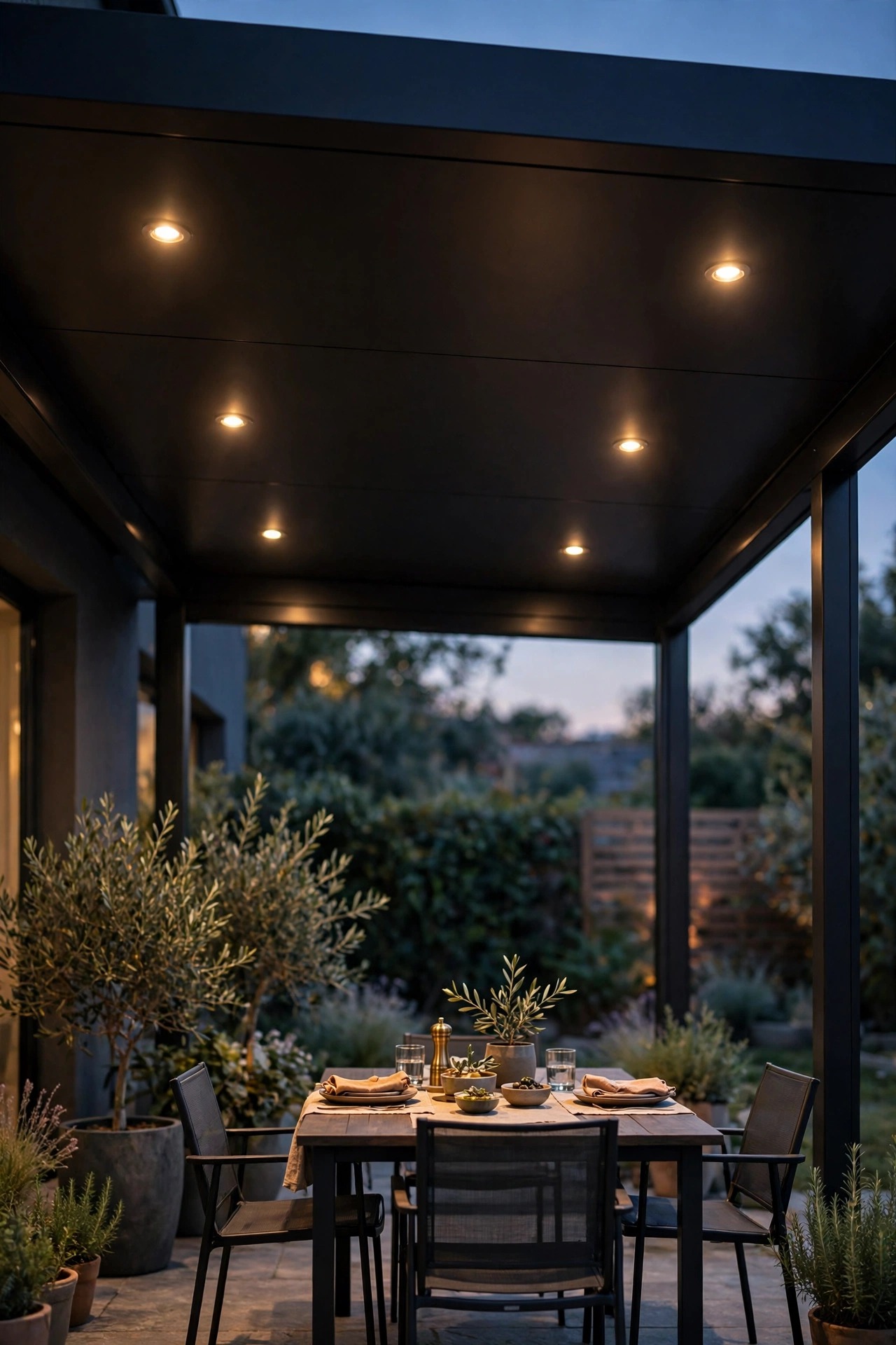 Recessed puck downlights glowing flush in the solid roof of a sleek metal pergola above an outdoor dining set