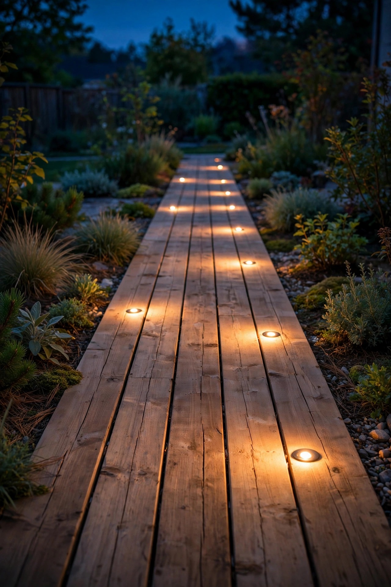 Small recessed smart deck lights set flush into wooden floorboards glowing softly along a walking path at dusk