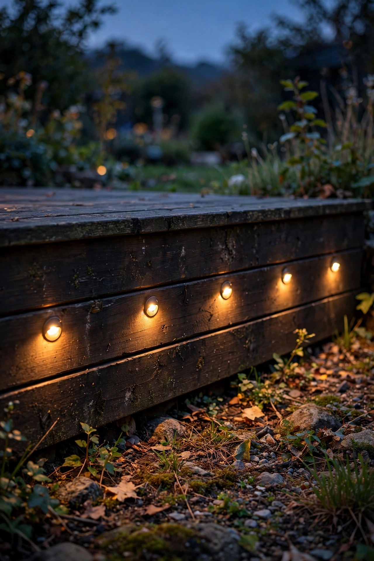 Small recessed puck lights set flush in gravel at the corners of stepping stones, casting soft halos on the path