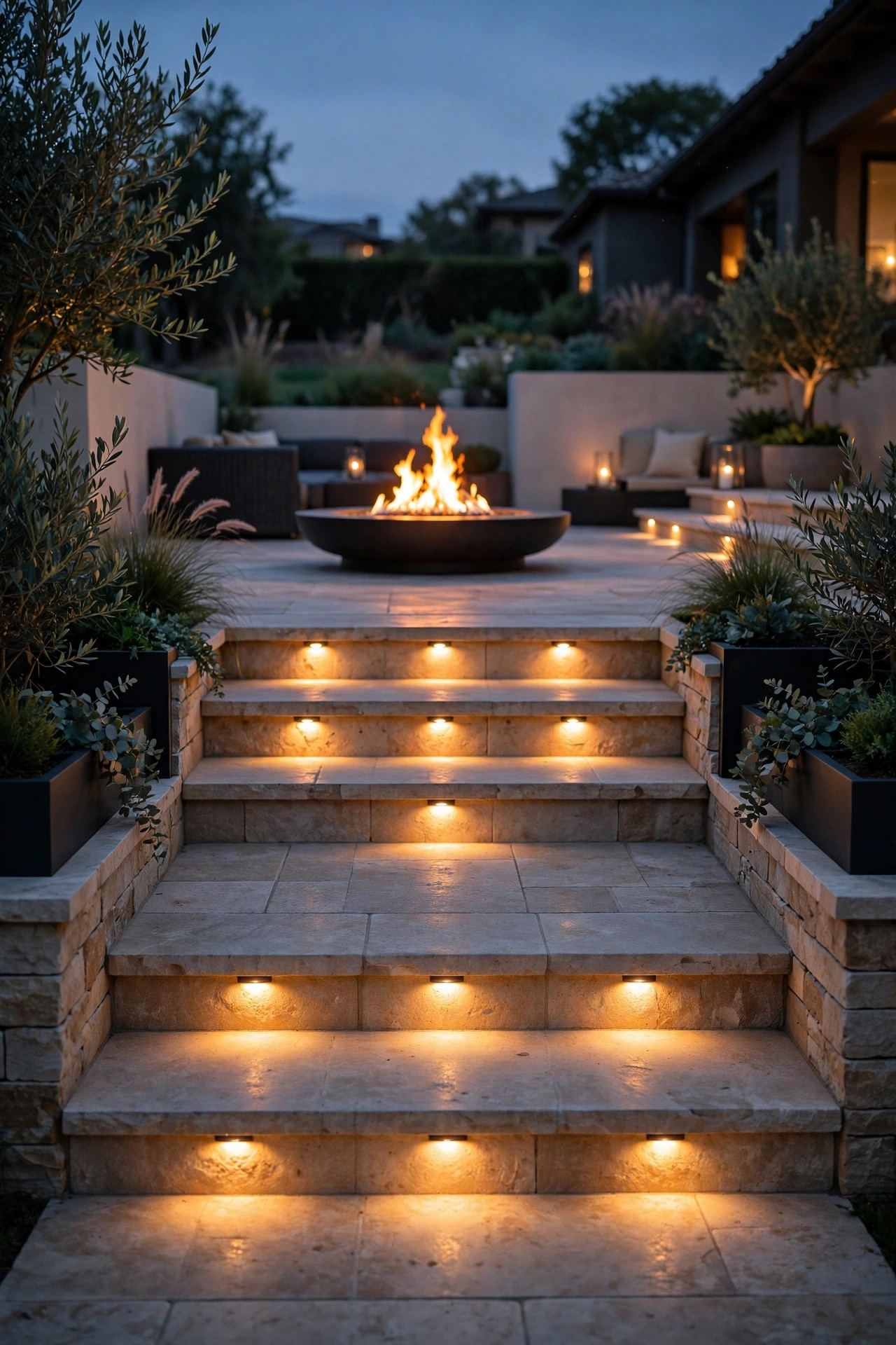 Recessed step lights glowing on wide patio steps leading to a gas fire pit terrace