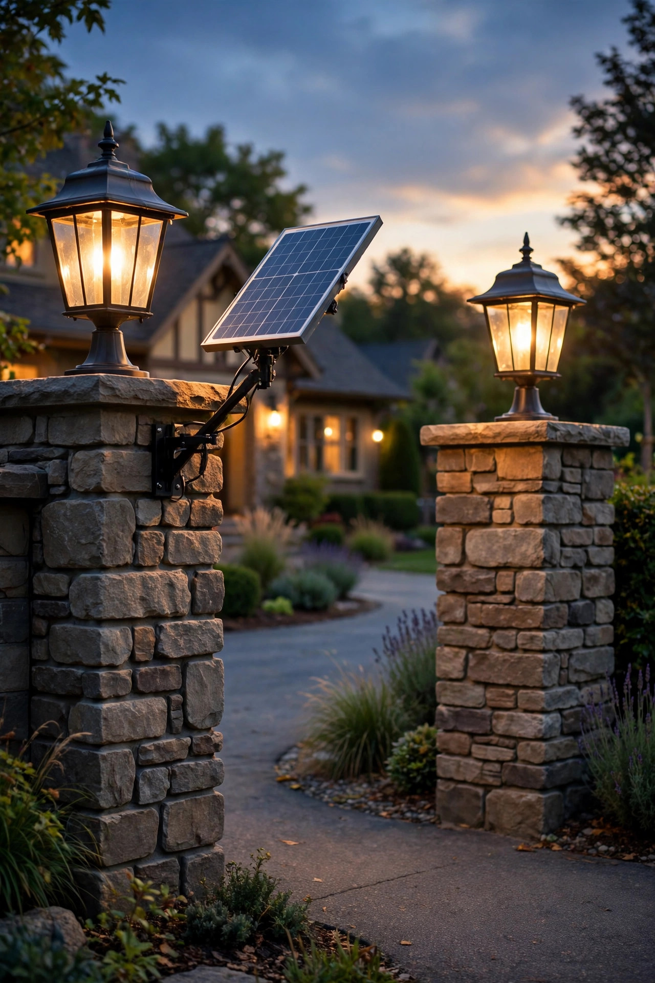 Elegant solar lanterns on driveway entrance posts with a small remote solar panel angled toward the sun