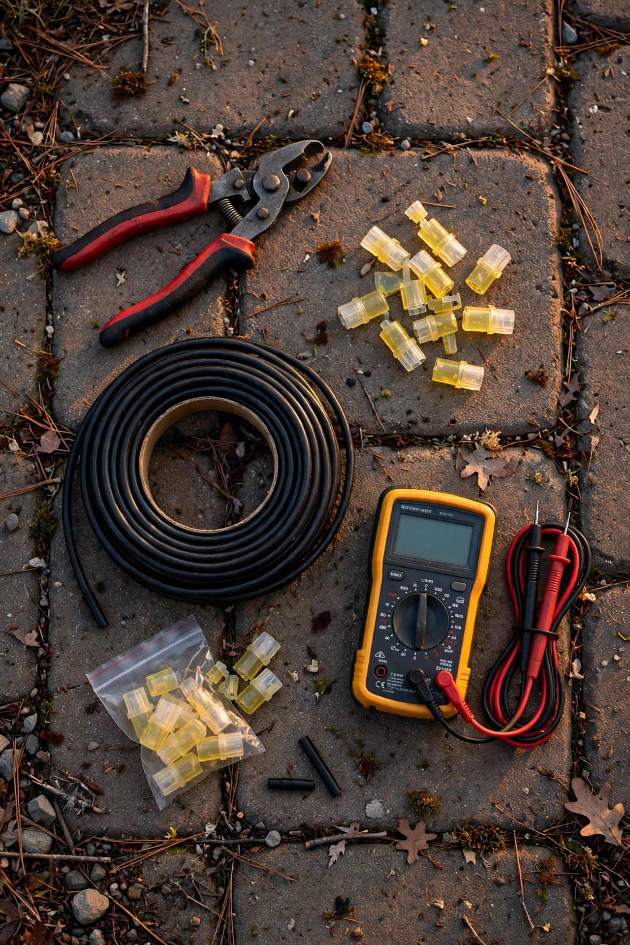 Flat lay of landscape lighting cable repair supplies on a paver: gel-filled connectors, wire strippers, replacement cable coil, and a multimeter in evening light
