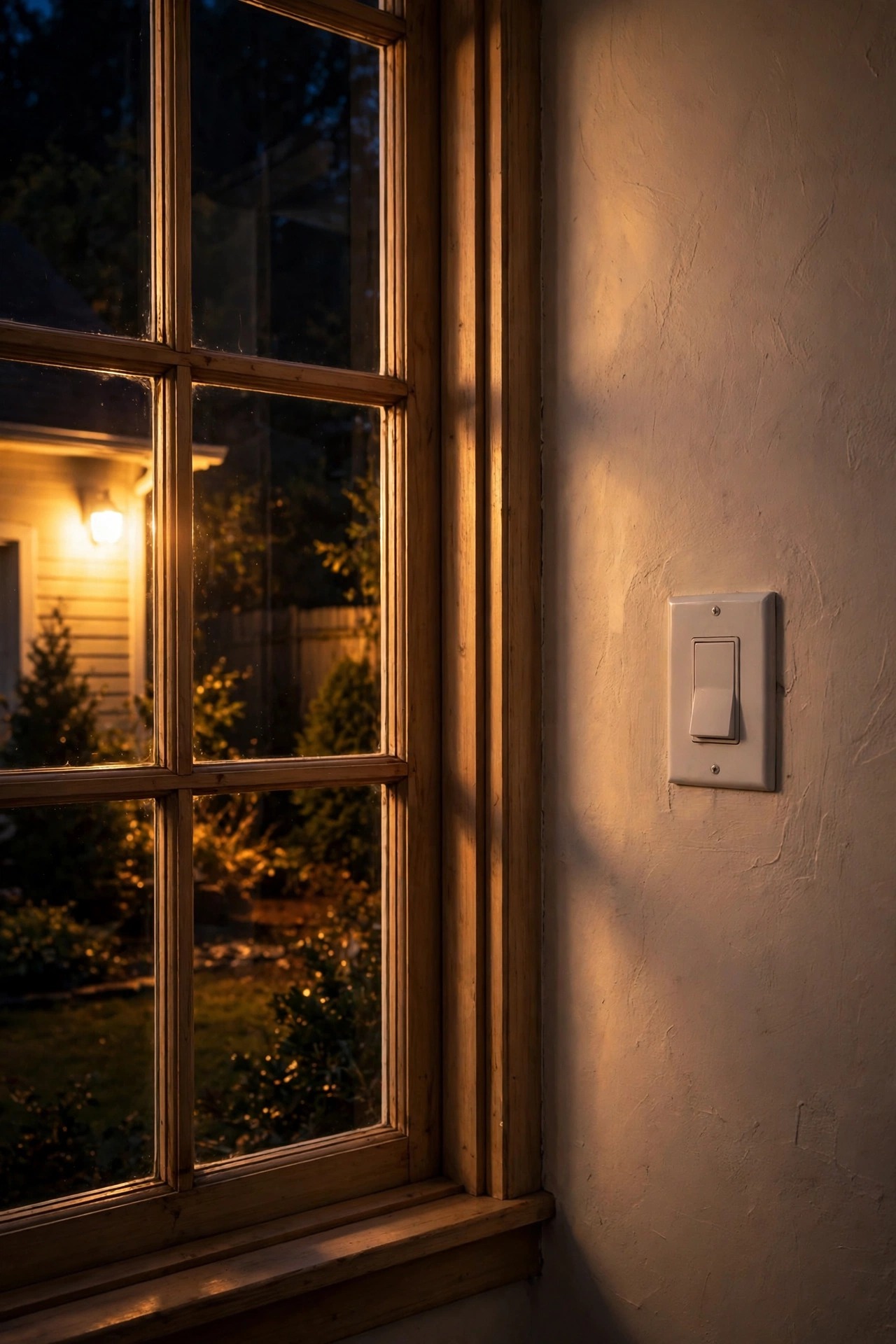 Indoor wall switch being used to reset a motion light, with the warm glow of an outdoor fixture visible through a window at night