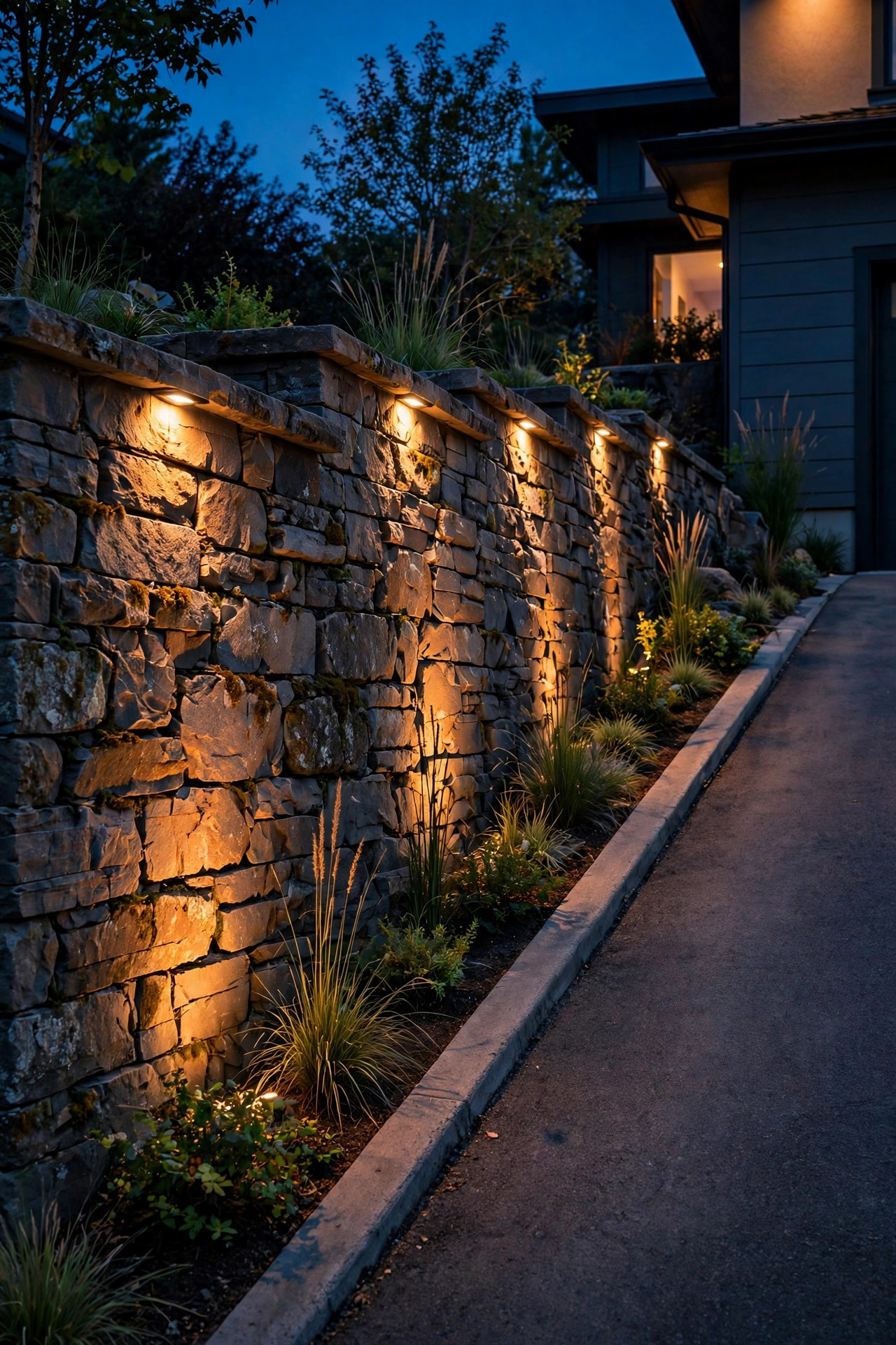 Retaining wall hardscape lights washing warm light down a stone wall beside a sloped driveway in the evening