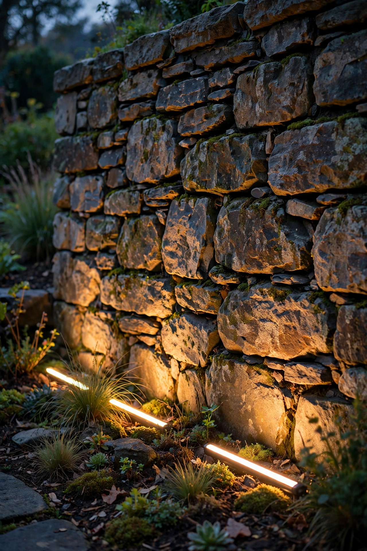 Stone retaining wall at dusk washed from below by linear LED bars in the garden bed, light raking across the stone joints