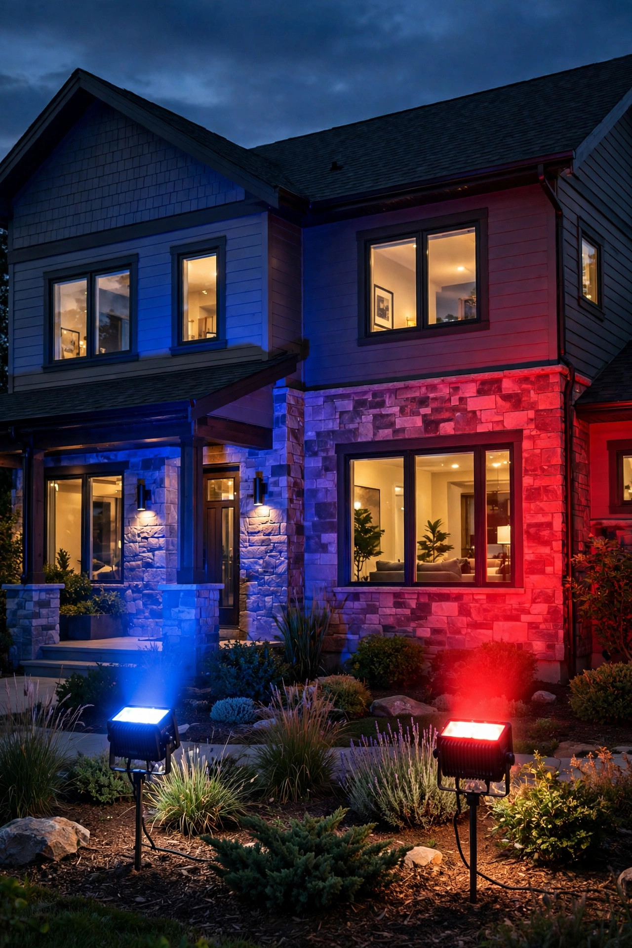Two RGB floodlights washing the front facade of a house in bold team colors from garden bed stakes at night