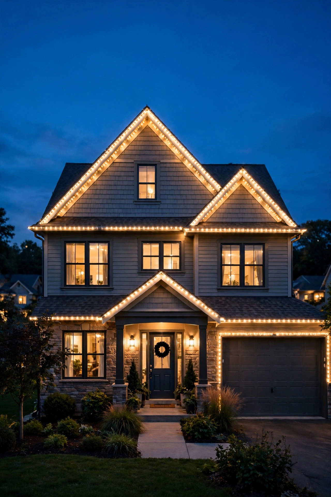 Full front view of an American home at dusk with warm white permanent lights tracing the roofline eaves and gable peaks