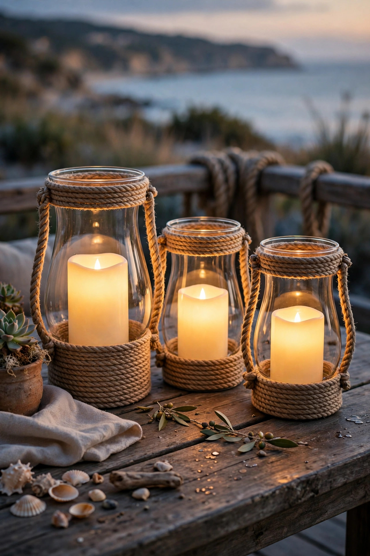 Rope-wrapped hurricane lanterns with flameless candles glowing on a coastal patio table