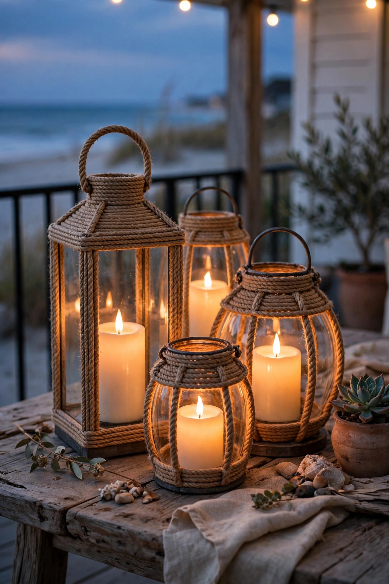 Rope wrapped lanterns with flickering flameless candles grouped on a beach house patio table