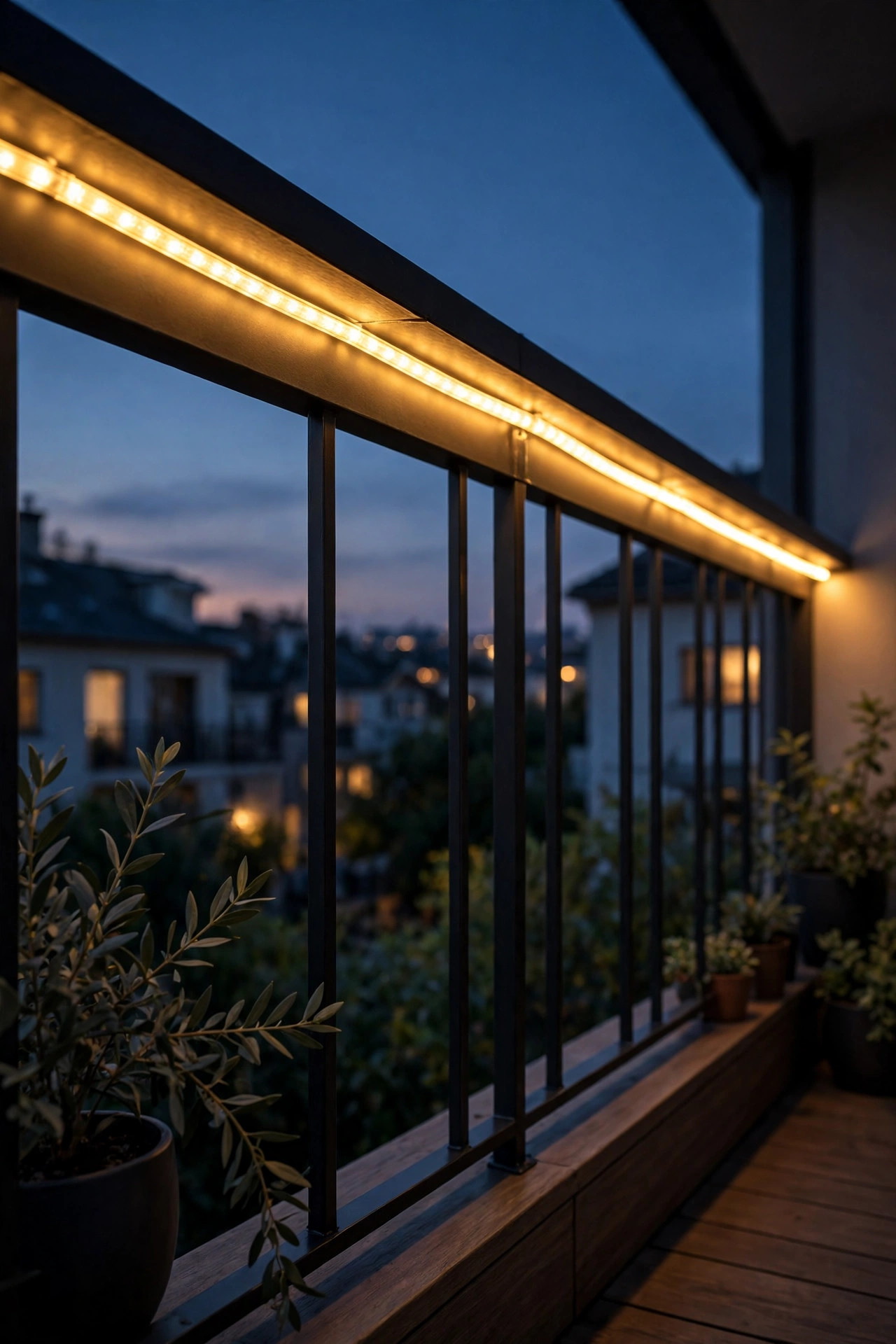 Continuous warm LED rope light mounted under a balcony top rail tracing a clean glowing line at night