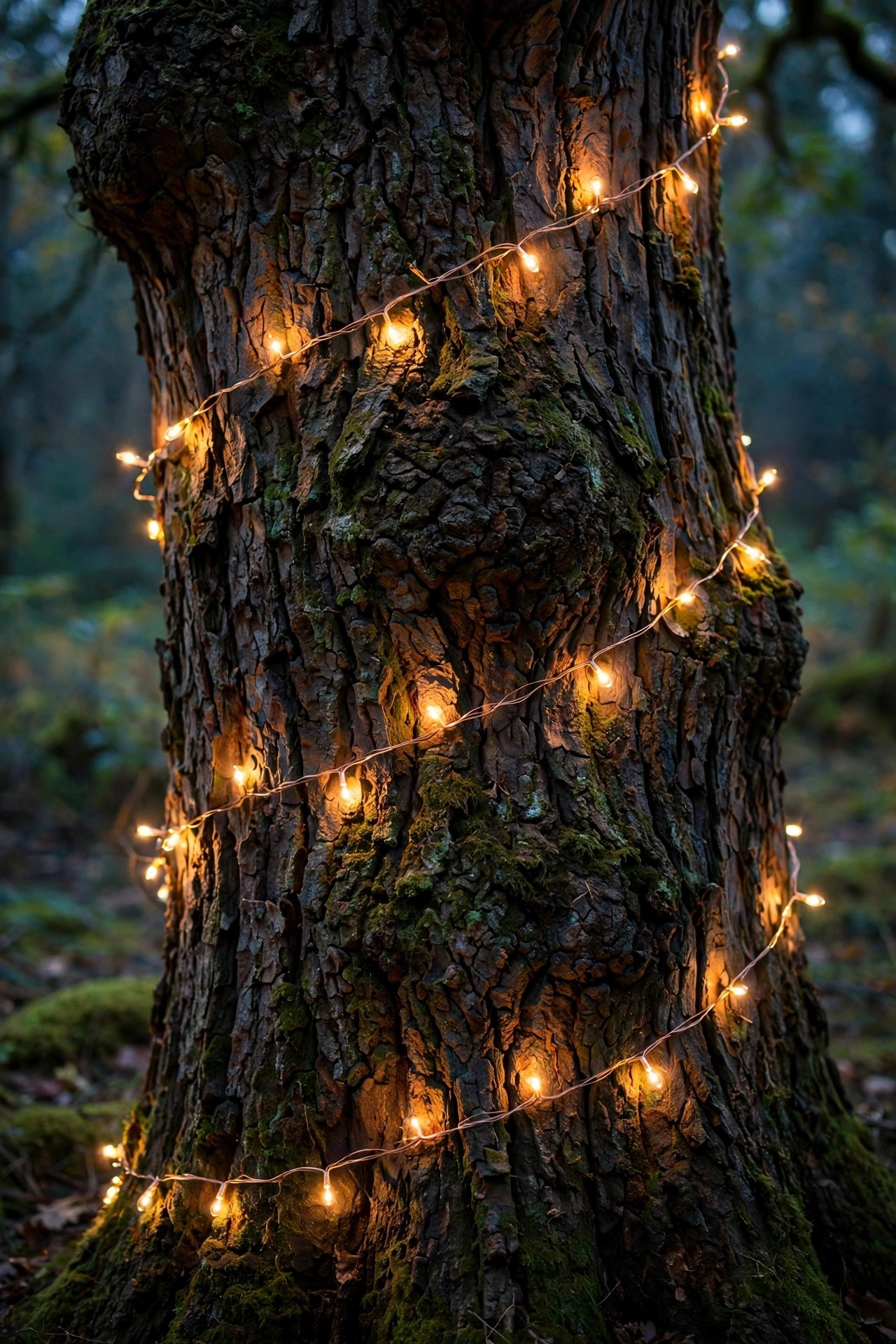 Massive old oak trunk with a loose rustic spiral of warm fairy lights between deep bark ridges