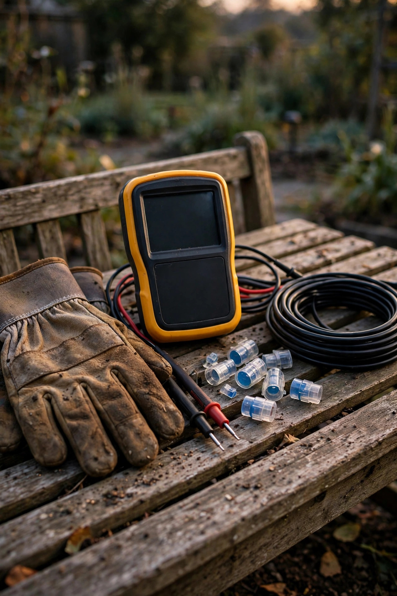 Work gloves, a digital multimeter, and waterproof gel-filled wire connectors laid out on a garden bench beside landscape lighting cable in early evening light