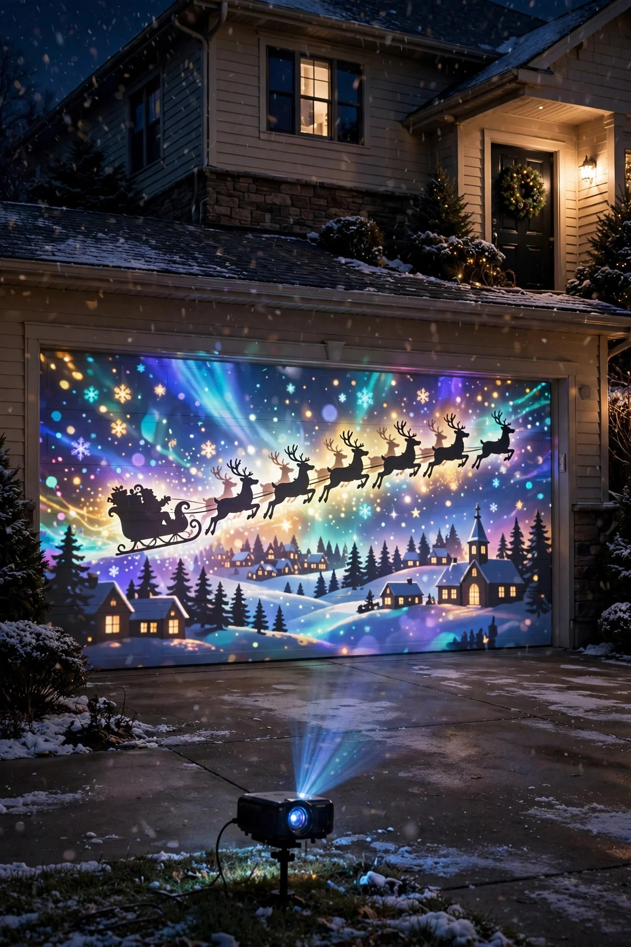Animated Santa sleigh projection gliding across a garage wall at Christmas