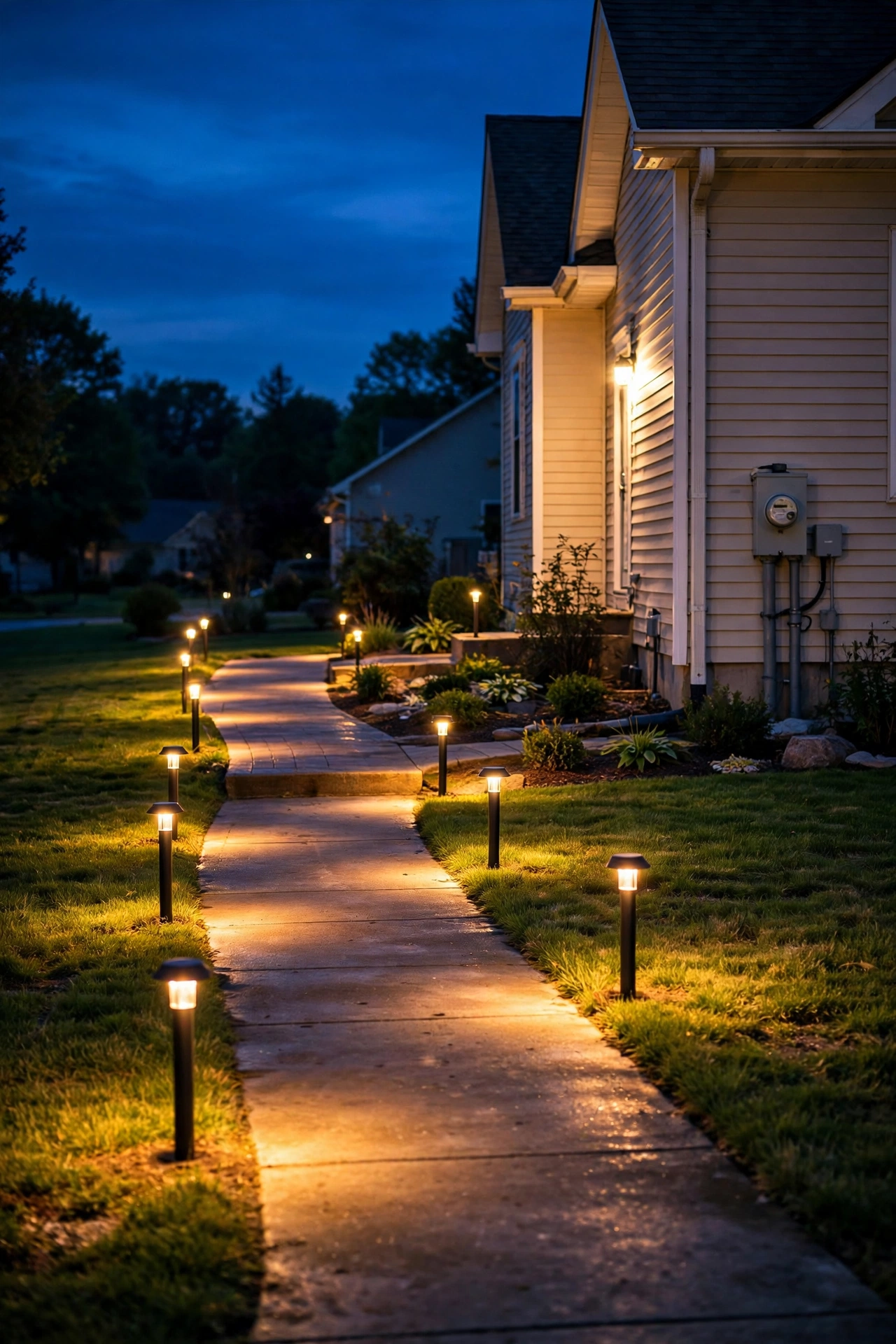 Warm LED path lights lining a suburban walkway at night with a visible electric meter illustrating energy savings math