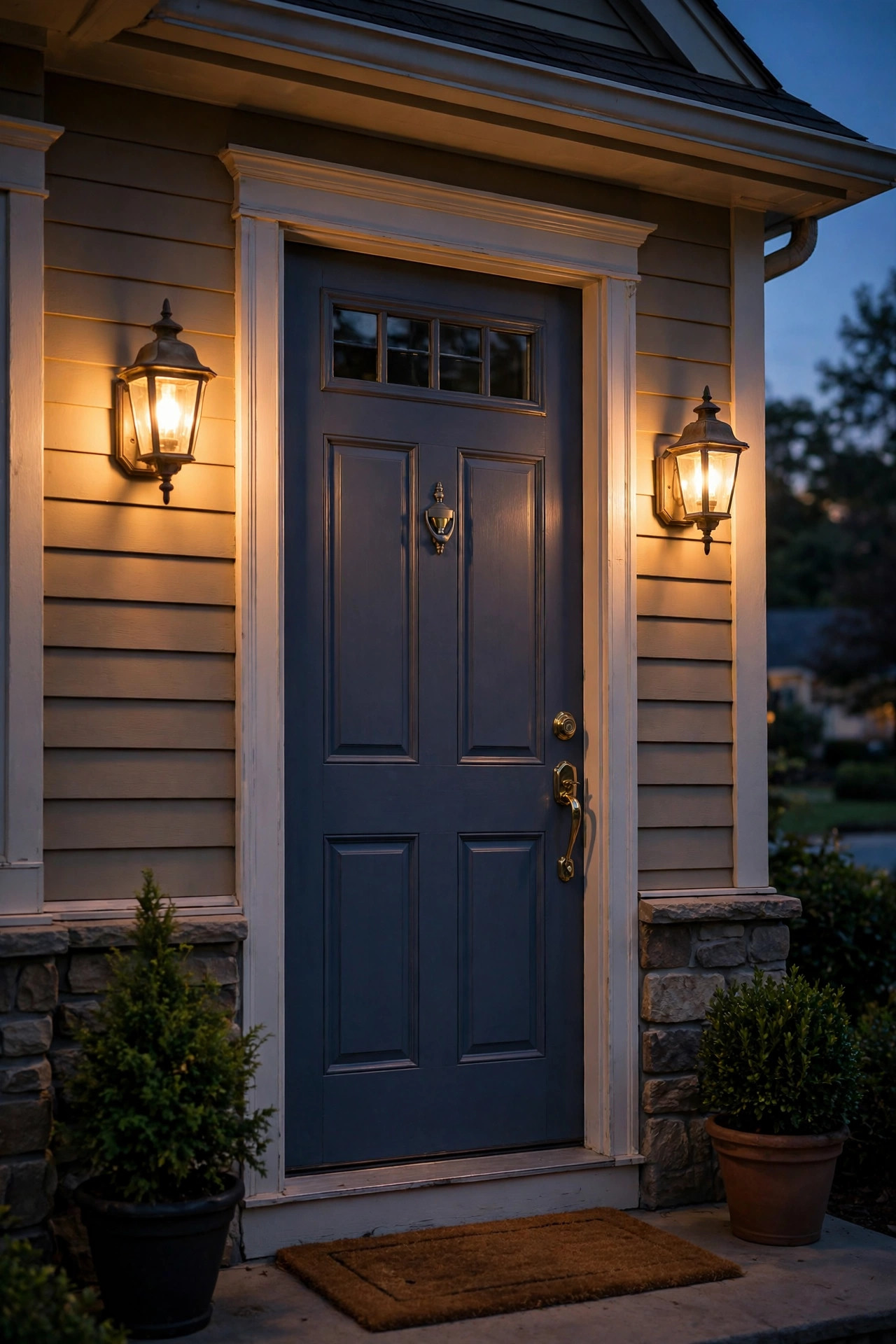 Demonstration of proper sconce sizing proportions next to a standard front door