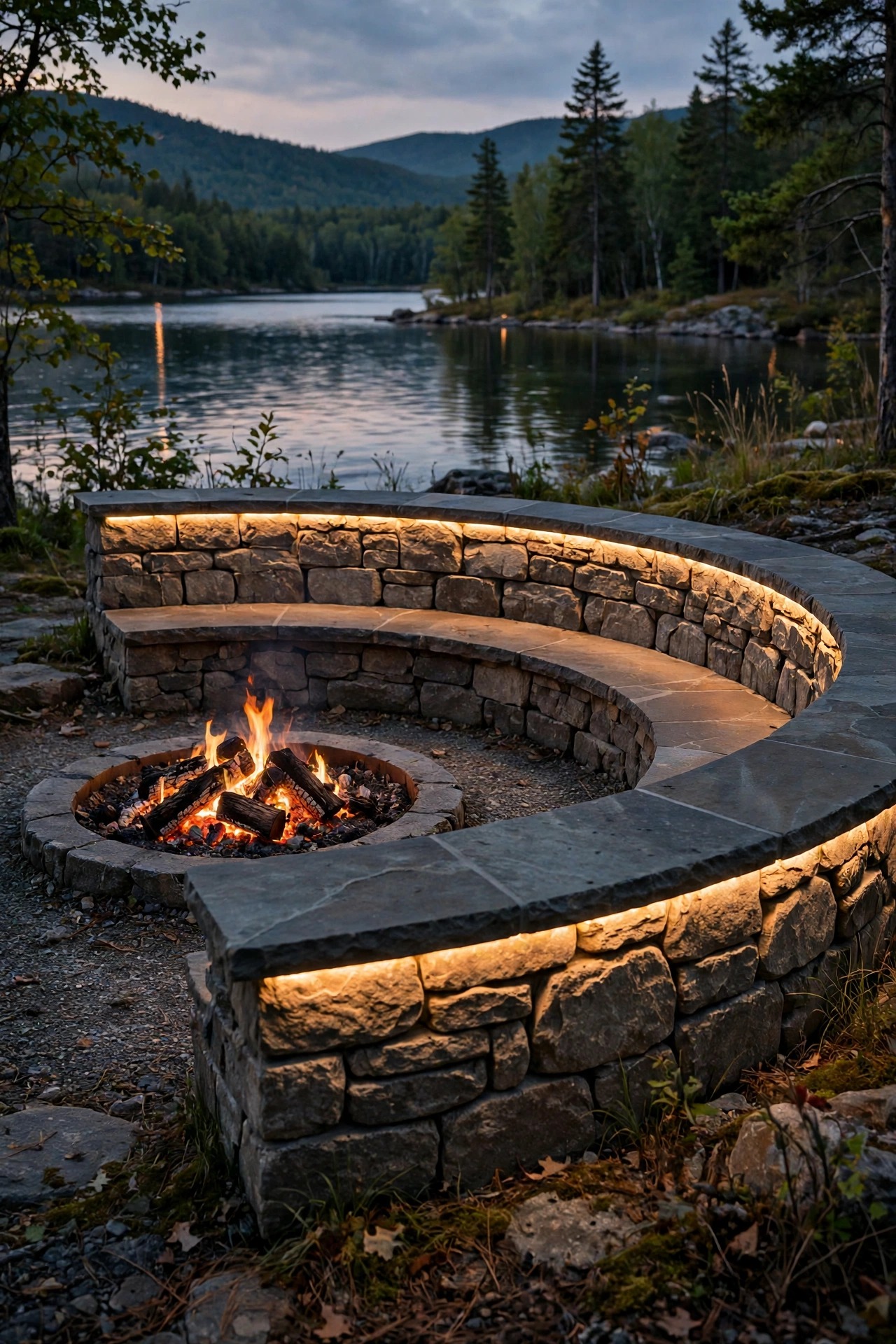 Curved stone seating wall around a lakeside fire pit with warm LED strip light glowing from under the capstone edge