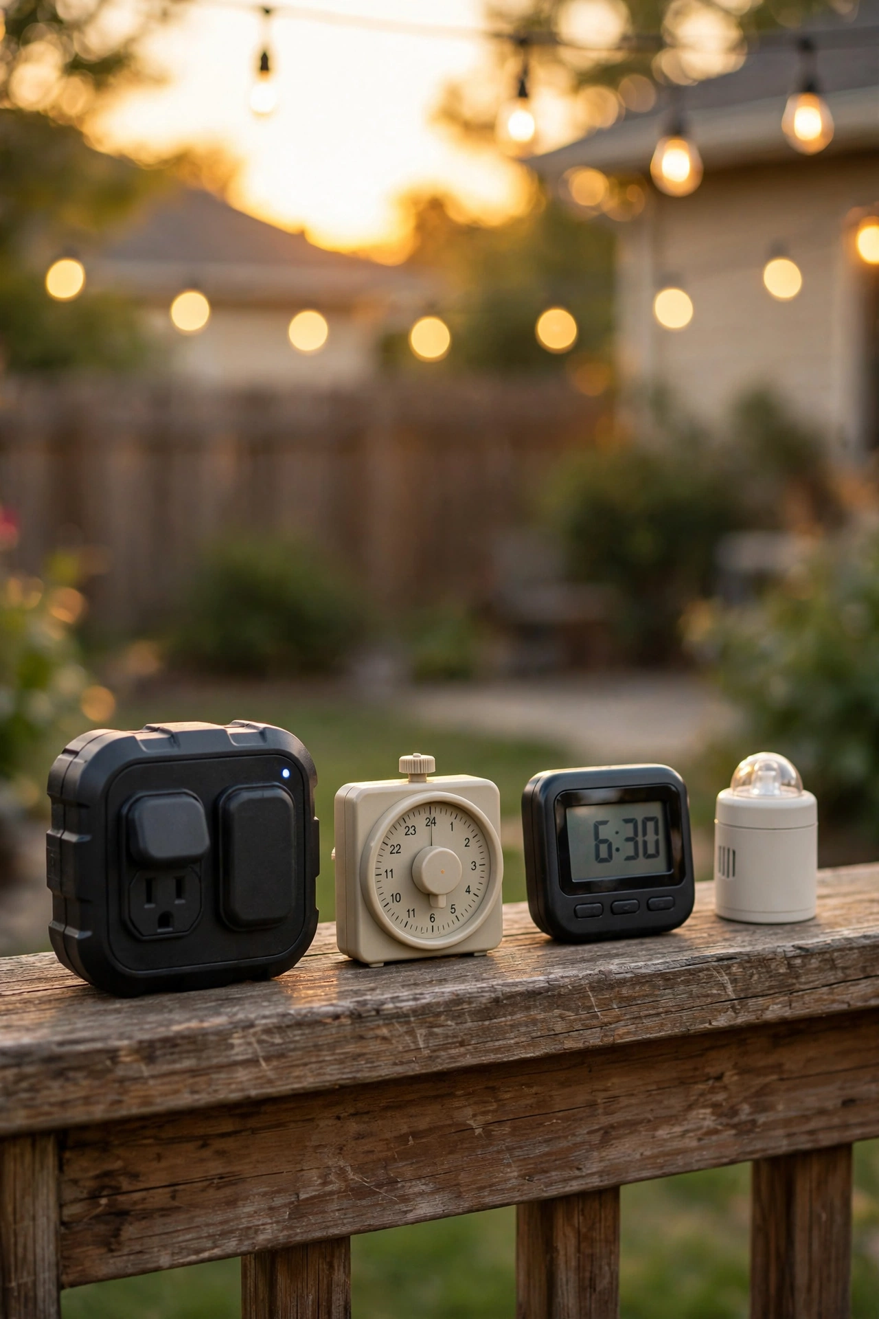 Lineup of outdoor smart plug and timer types on a wooden deck railing at golden hour