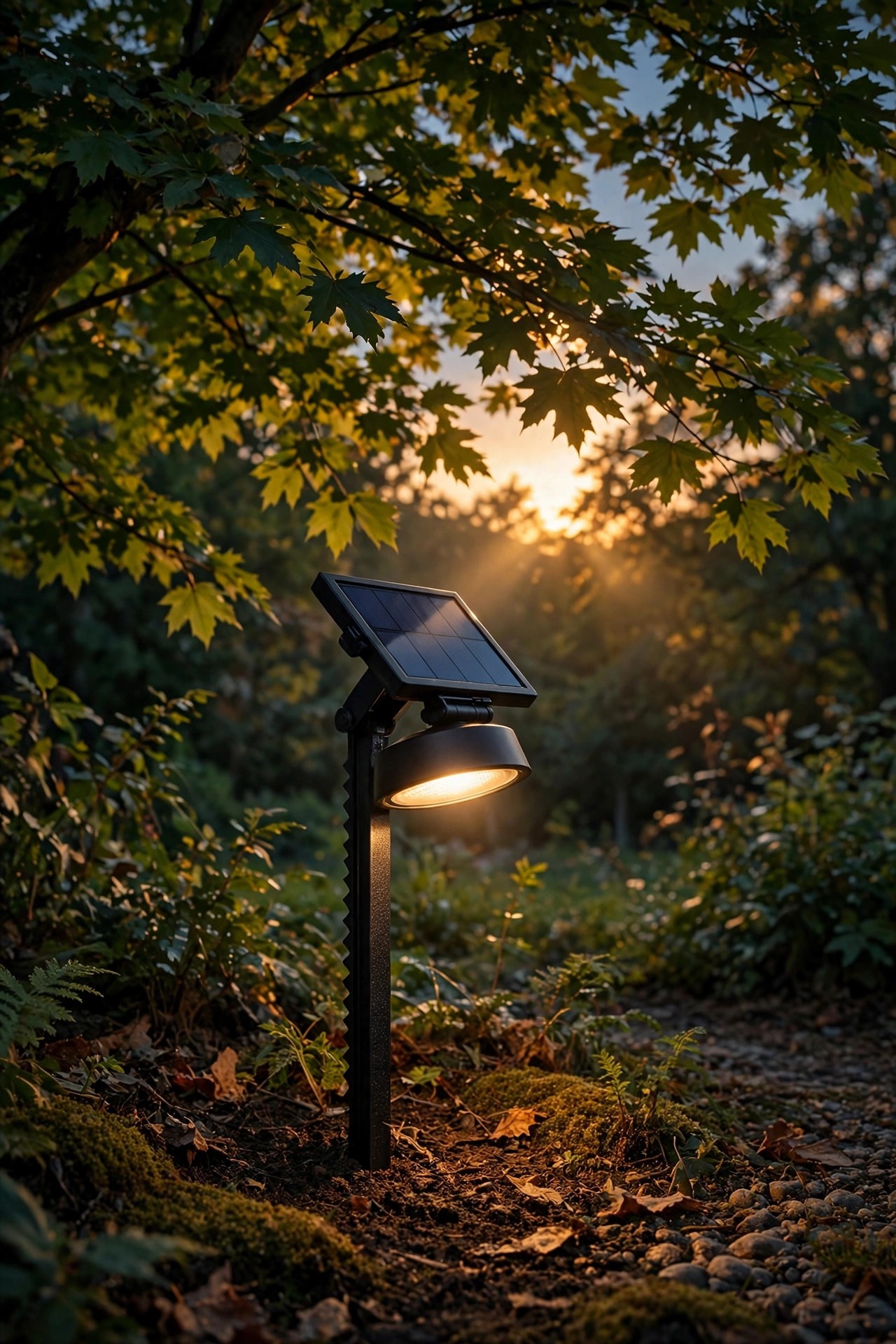 Solar path light with its small panel tilted toward the last sunlight beneath a leafy tree canopy at dusk