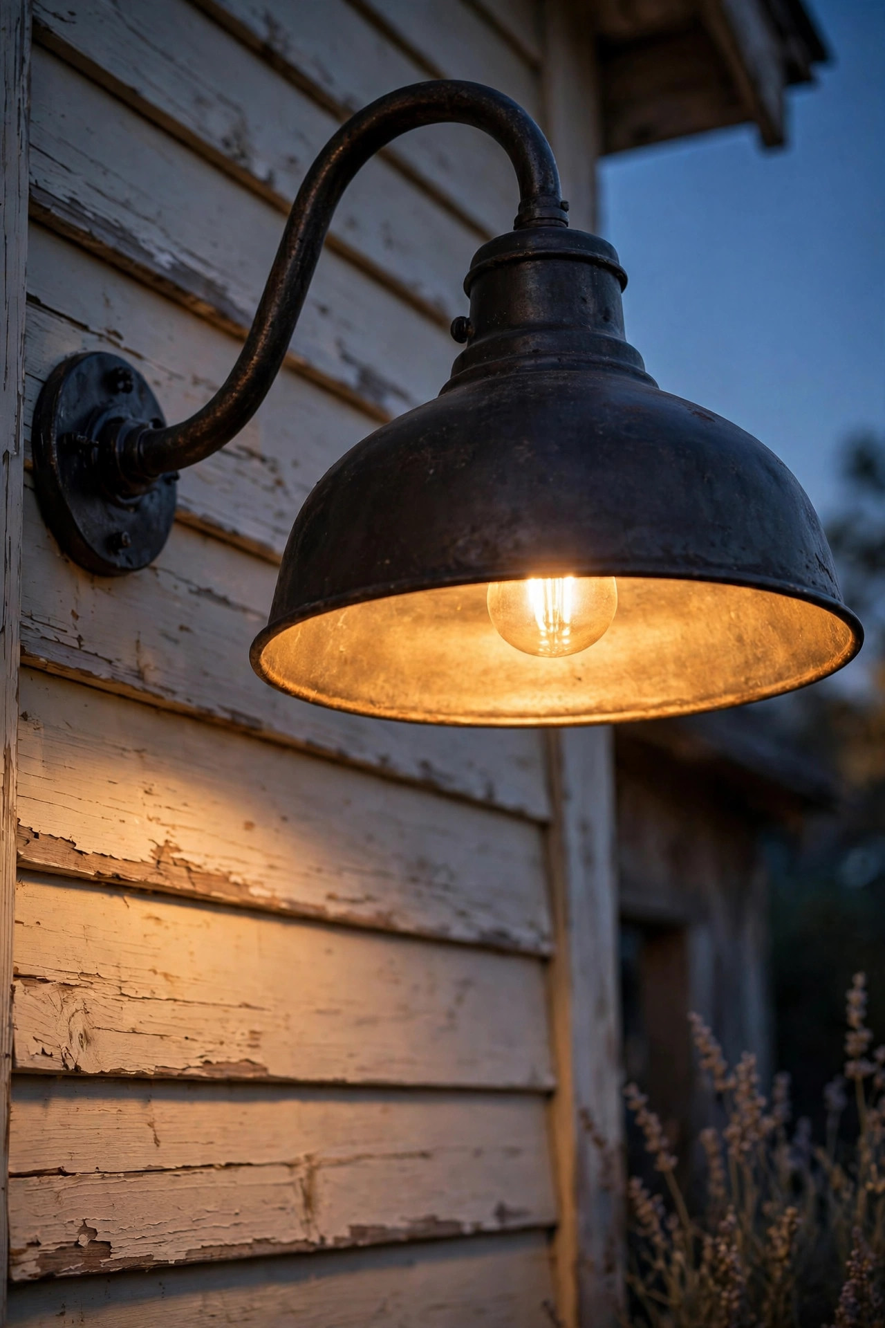 Close-up of a large metal barn light shade showing proper proportions on a farmhouse wall