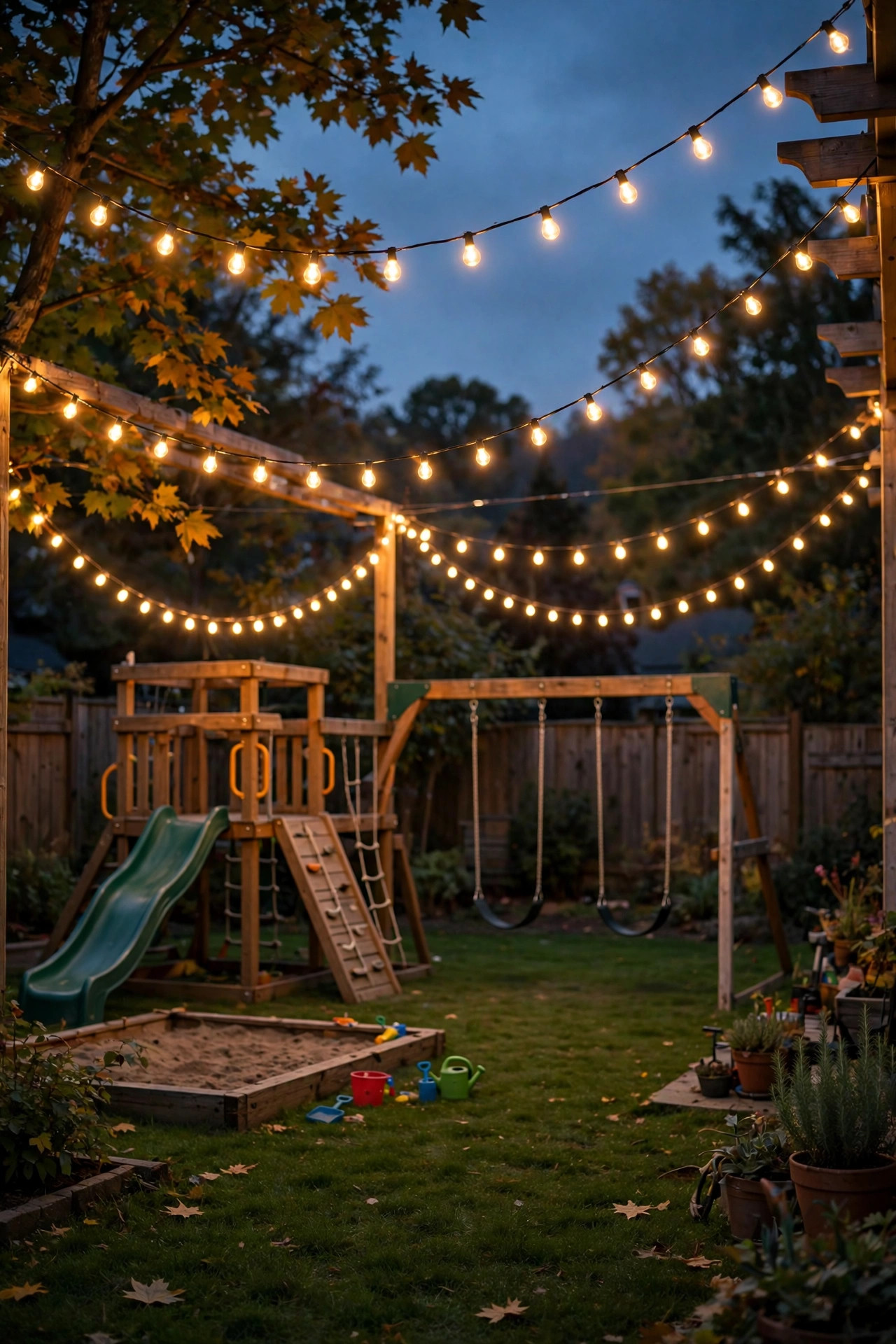 Shatterproof LED string lights hanging in soft swags over a backyard lawn play area at dusk