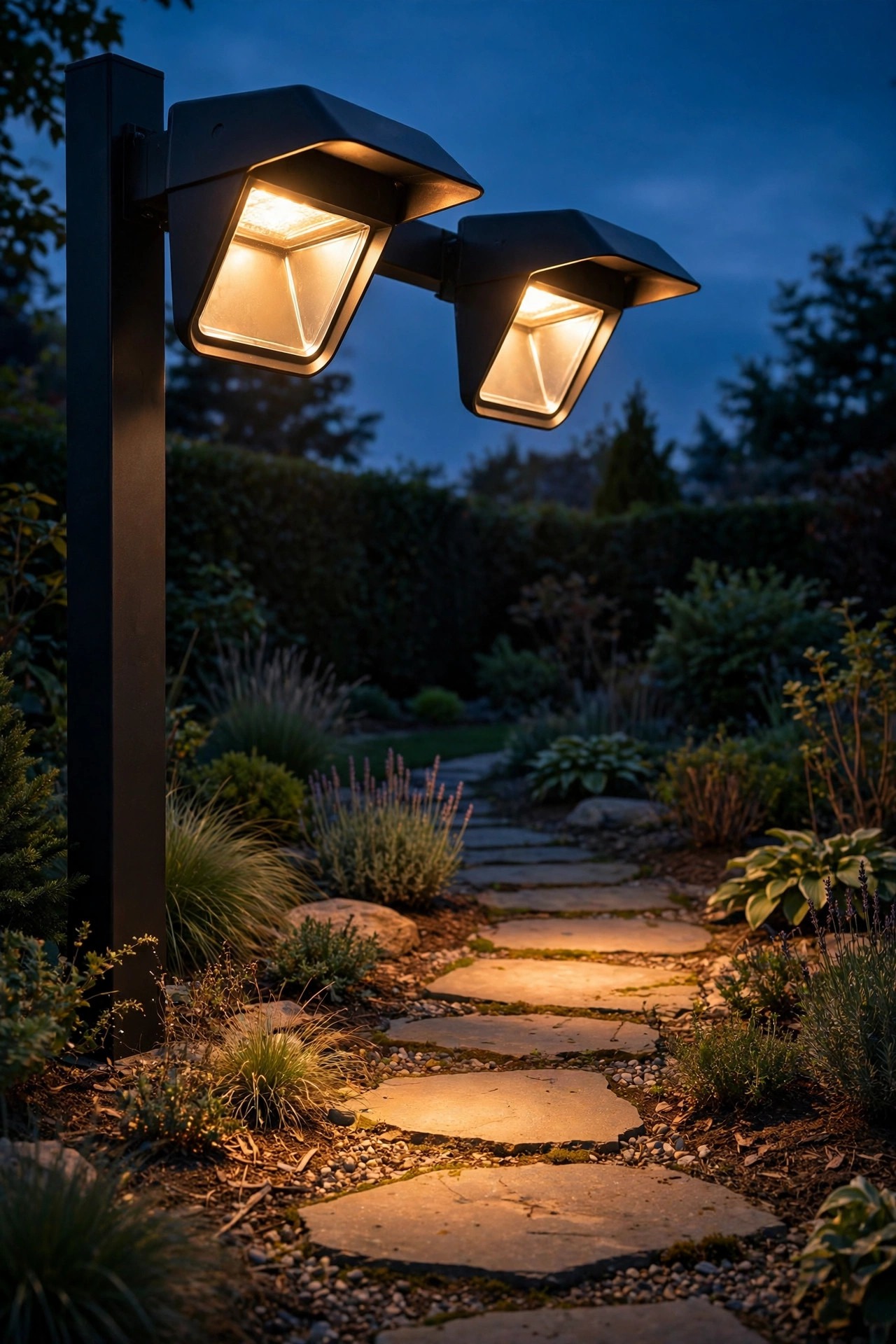shielded smart flood light with a visor hood over each head aimed down at a garden path, warm light pooled on the ground with no glare toward the street