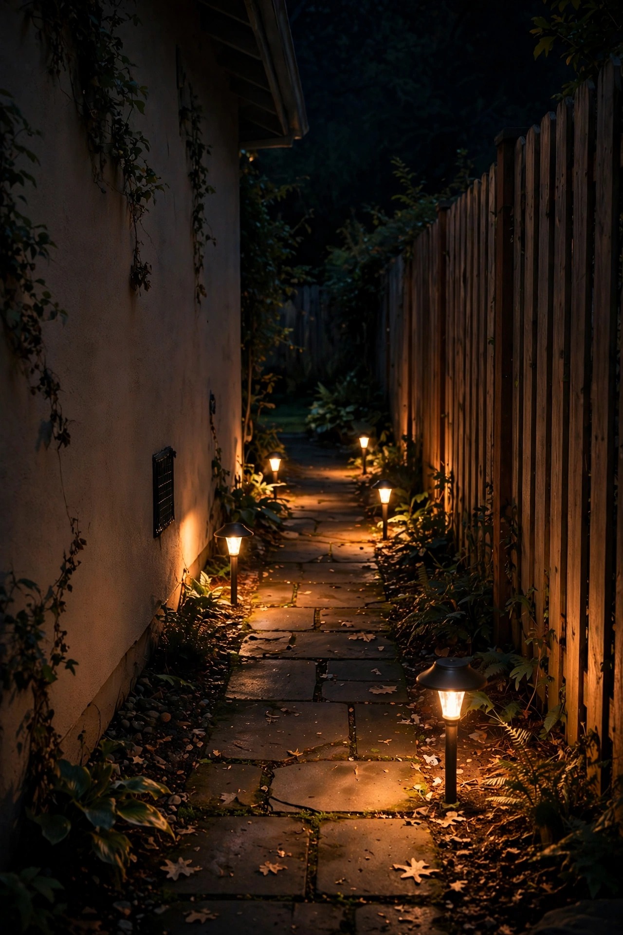 Short hooded path lights glowing warmly along a narrow side yard walkway between a house wall and a fence at night