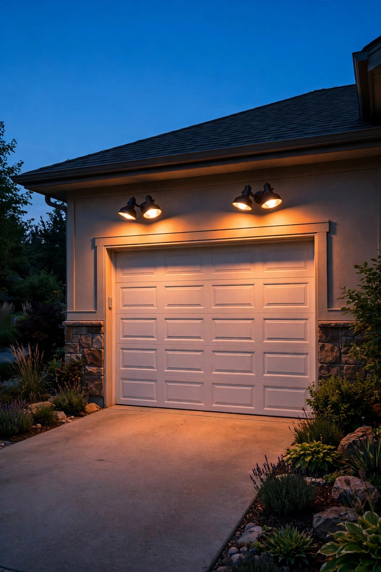 Dual head smart floodlights glowing warmly over a garage door and driveway apron at dusk