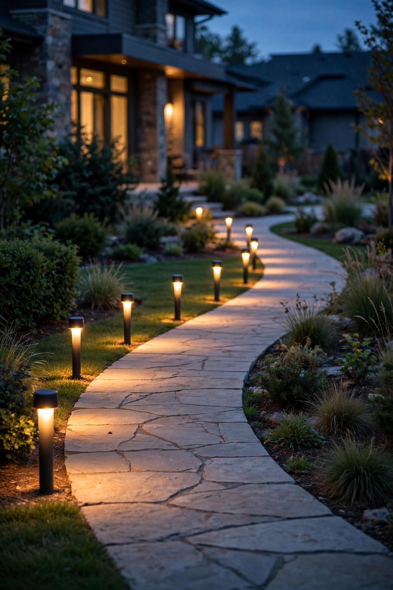 Photorealistic dusk photo of smart path lights glowing in a neat row along a curved front walkway