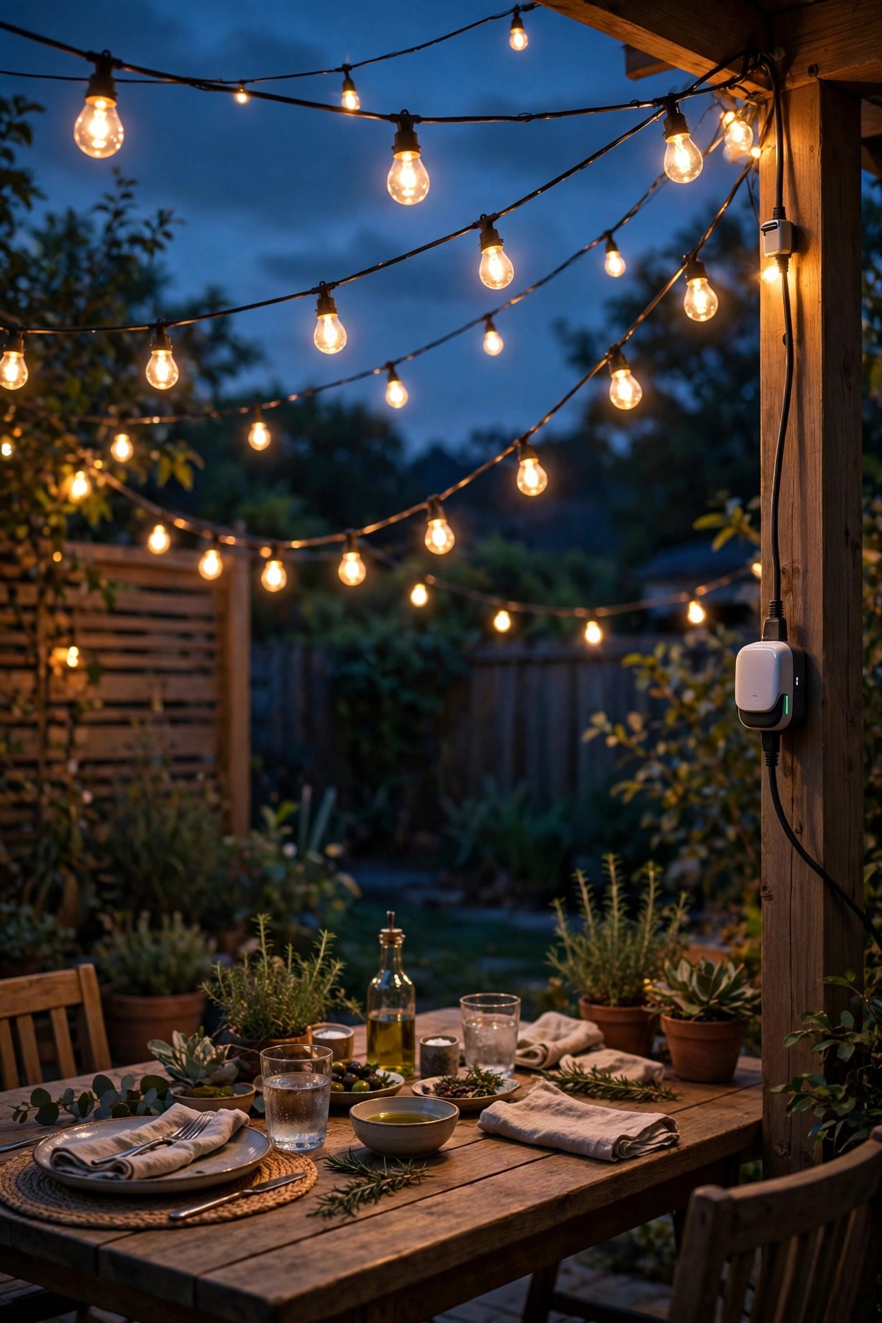 Weatherproof smart plug controlling warm string lights over a backyard patio dining table at dusk