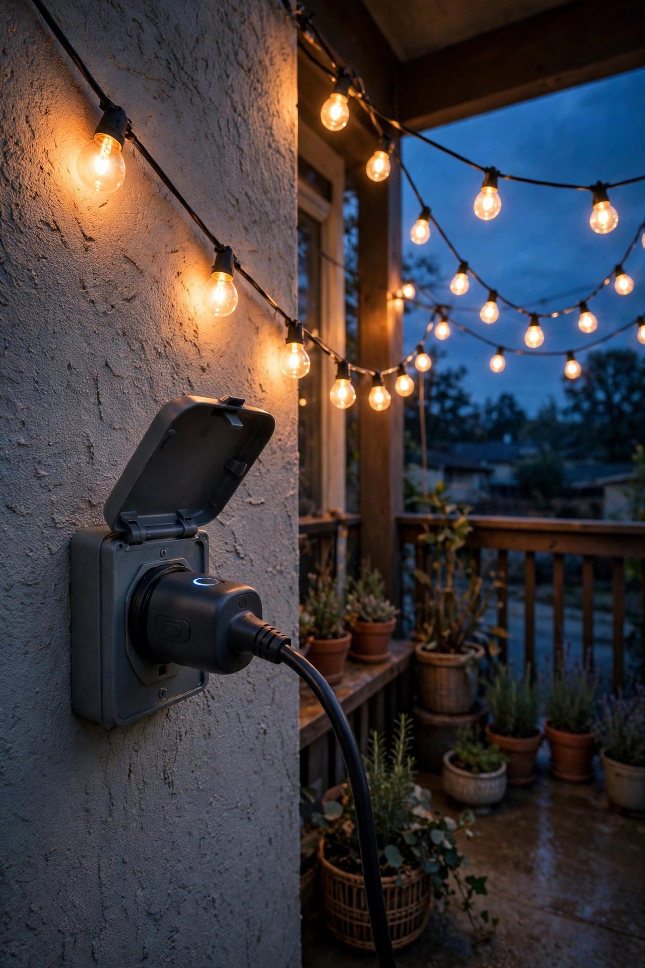 Outdoor smart plug in a covered exterior outlet powering warm cafe string lights over a rental patio at dusk