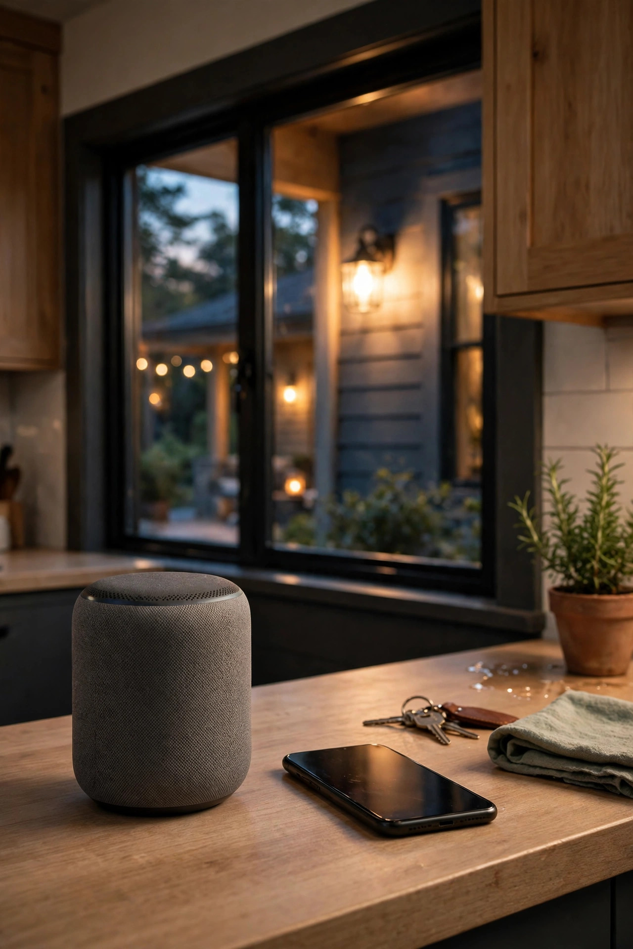 Smart speaker and phone on a kitchen counter ready for outdoor lighting setup, warm porch light visible through the window