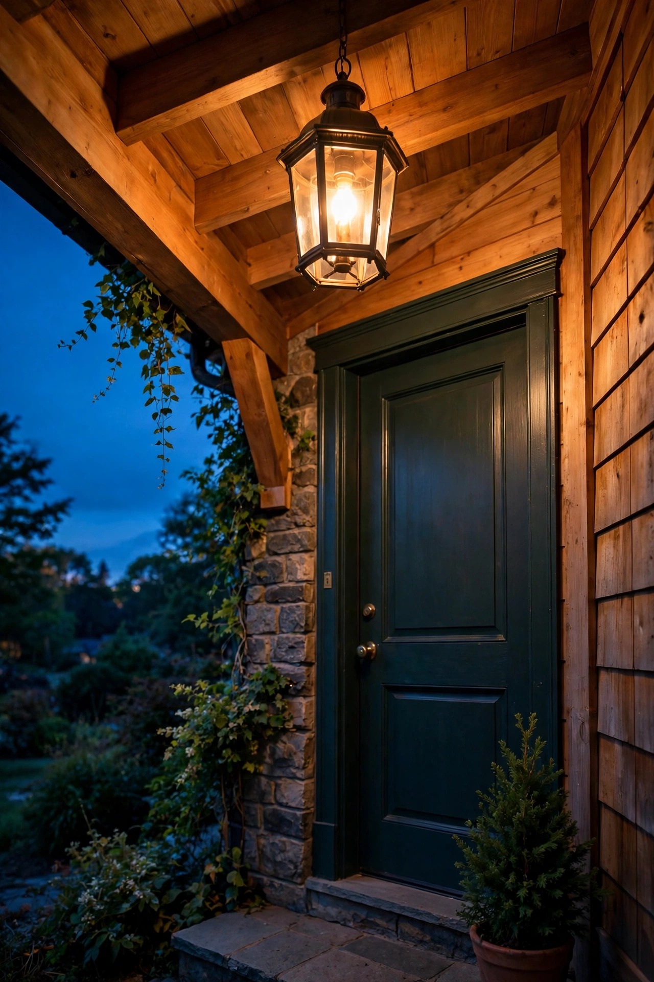 Warm porch ceiling lantern glowing at dusk, controlled by a smart wall switch inside the entry