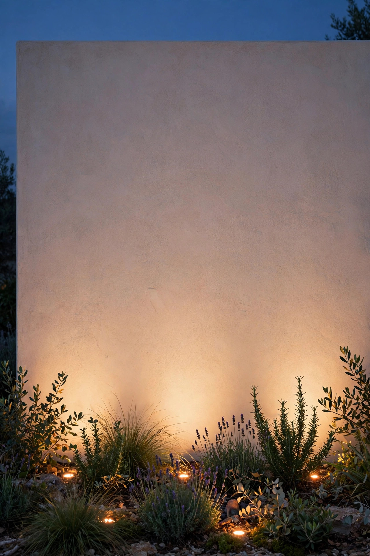 Soft even wash of light on a smooth stucco garden wall from fixtures set well back in the planting bed