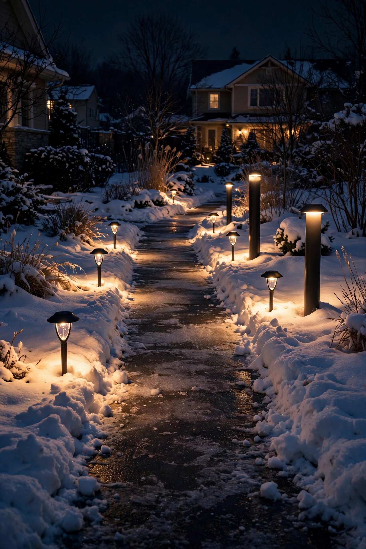 Warm path lights staggered along a snow-covered walkway glowing in the dark winter evening